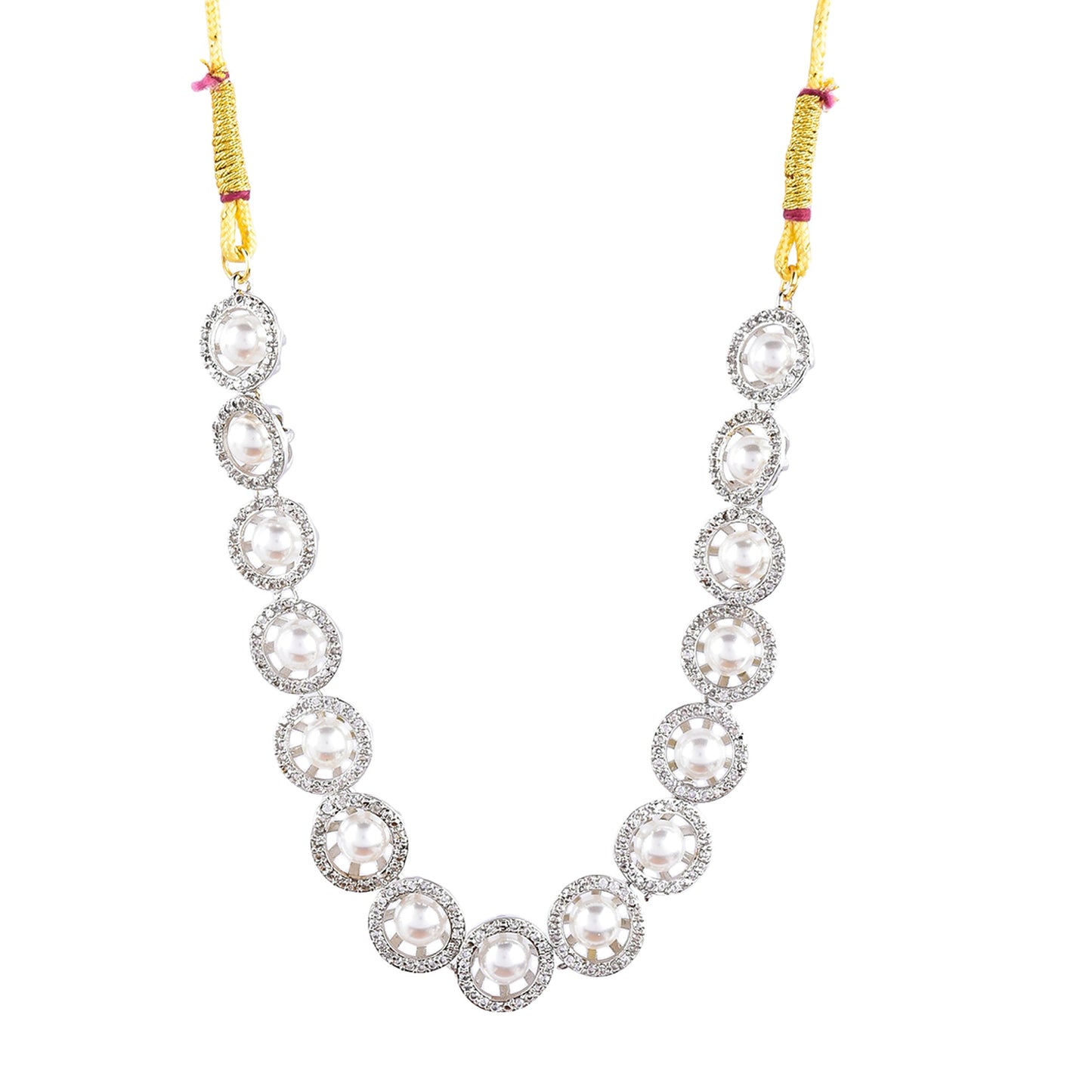 Rhodium-Plated Alloy Silver Ad Necklace With Pearls - The Pari | Swadesiicart