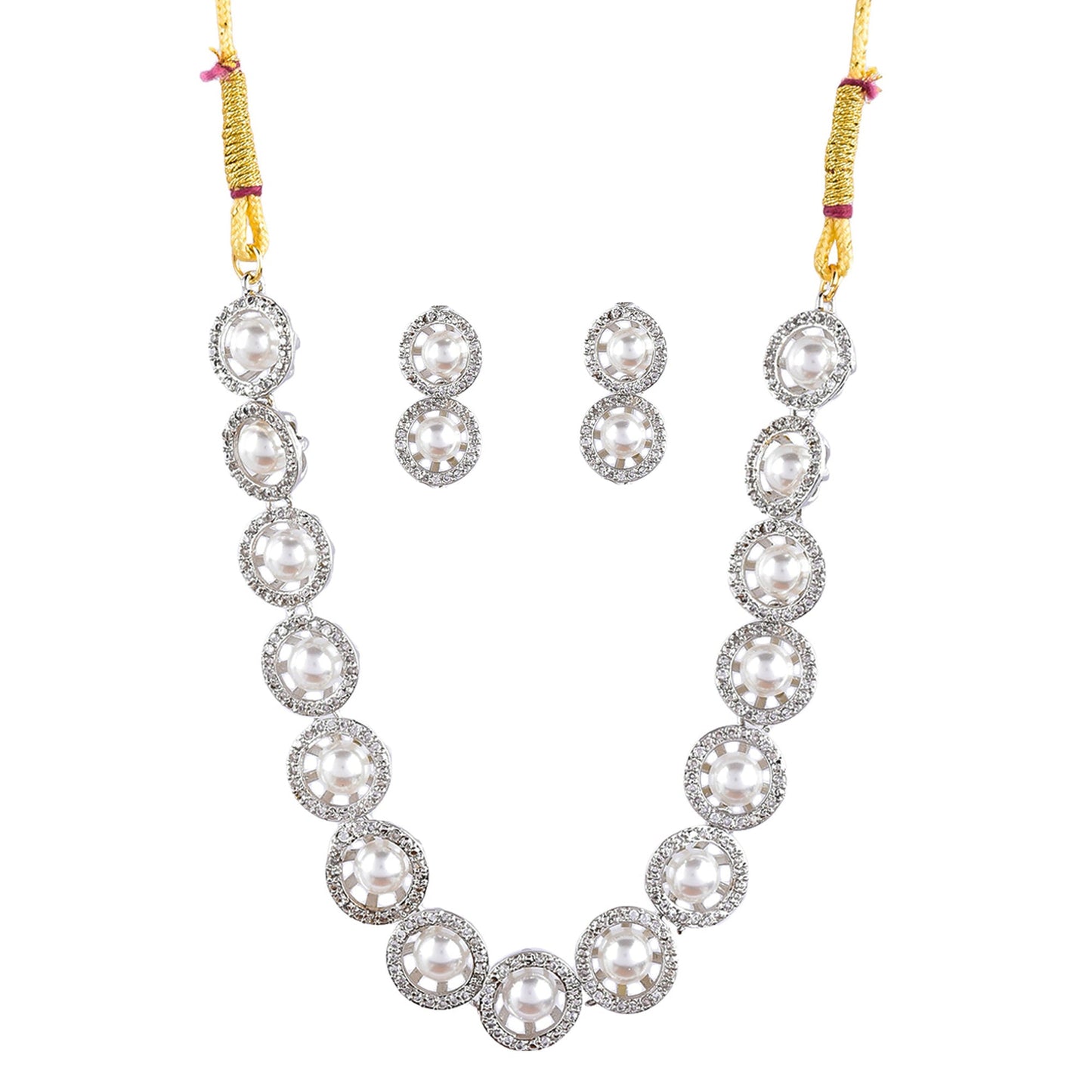 Rhodium-Plated Alloy Silver Ad Necklace With Pearls - The Pari | Swadesiicart