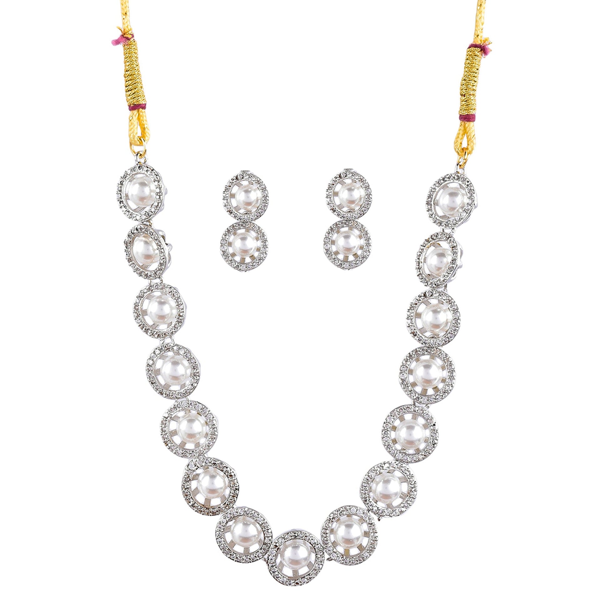 Rhodium-Plated Alloy Silver Ad Necklace With Pearls - The Pari | Swadesiicart