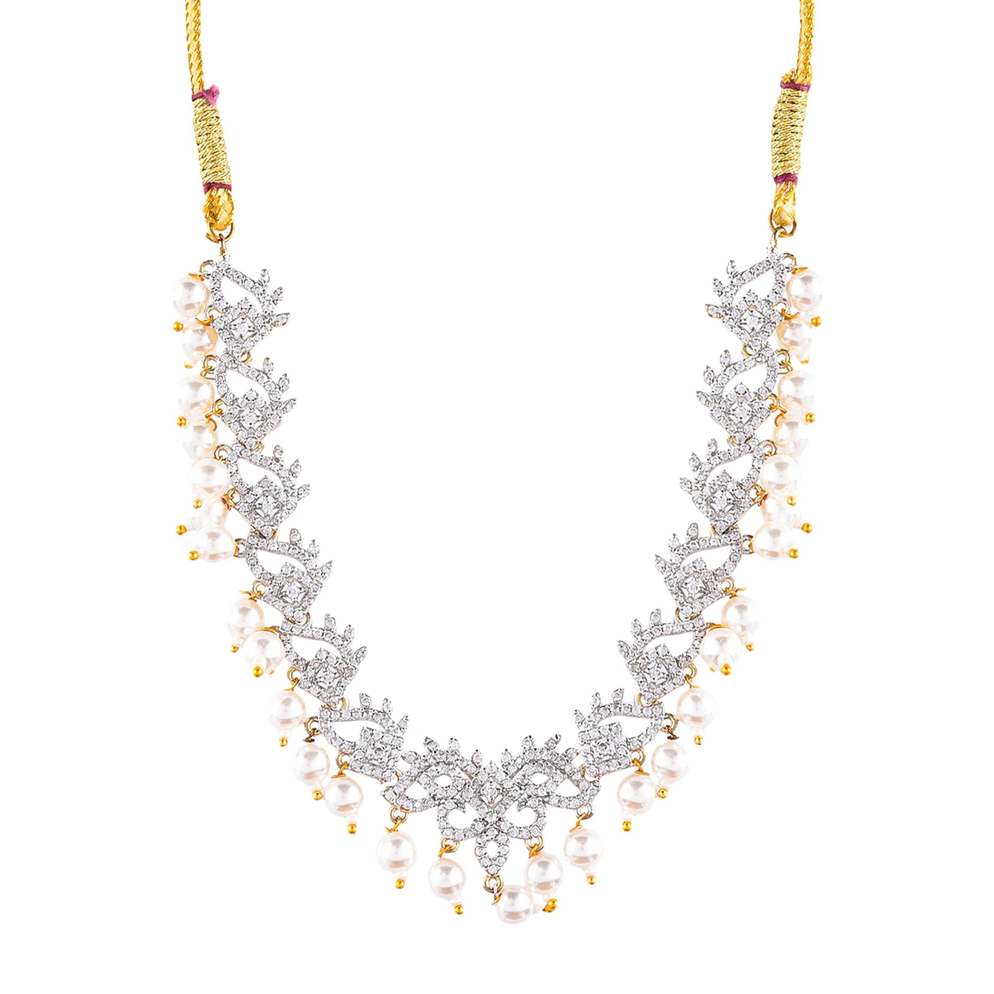 Rhodium-Plated Alloy Pearl Hanging Designer Choker Necklace - The Pari | Swadesiicart