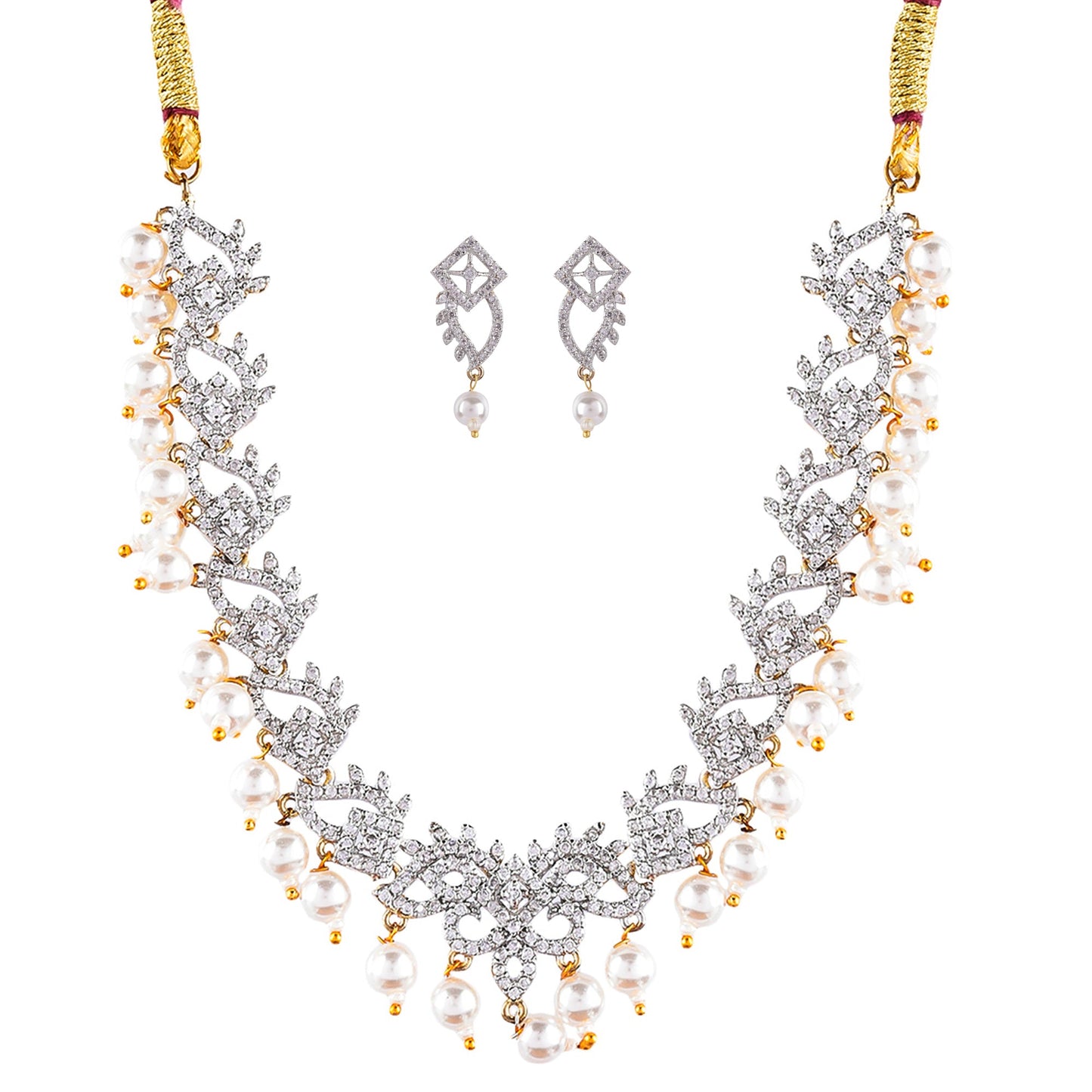 Rhodium-Plated Alloy Pearl Hanging Designer Choker Necklace - The Pari | Swadesiicart