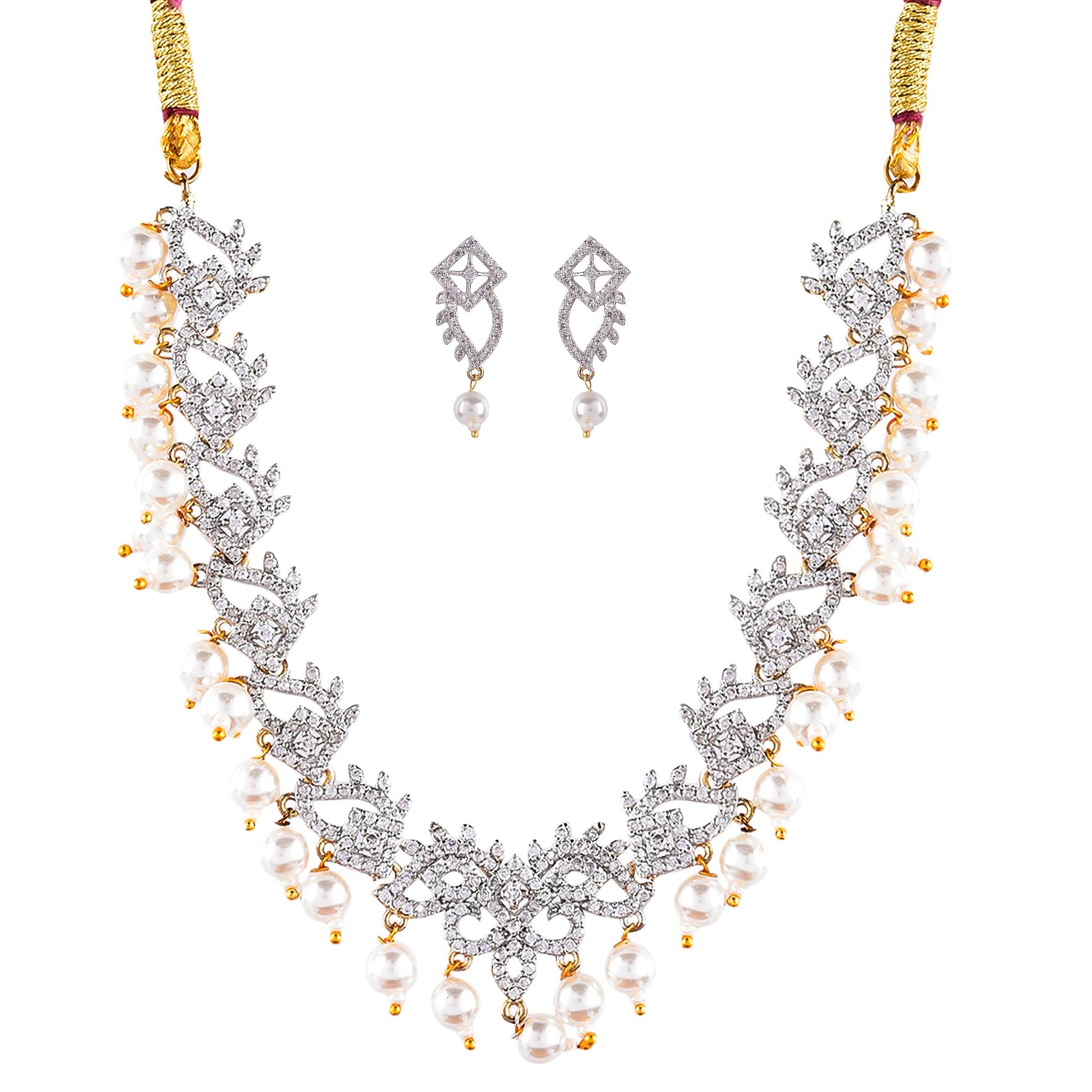 Rhodium-Plated Alloy Pearl Hanging Designer Choker Necklace - The Pari | Swadesiicart