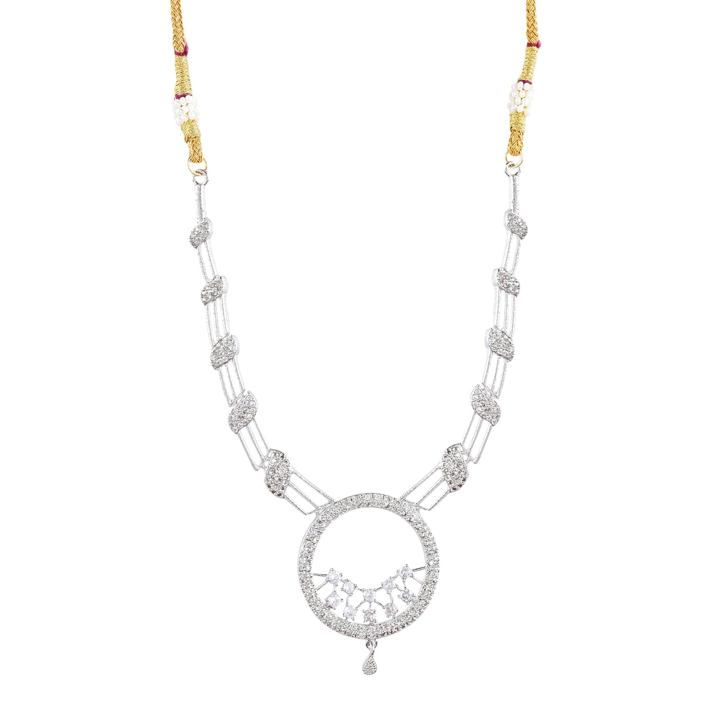 Rhodium-Plated Alloy Round Motif Ad Necklace Set - The Pari - Swadesiicart