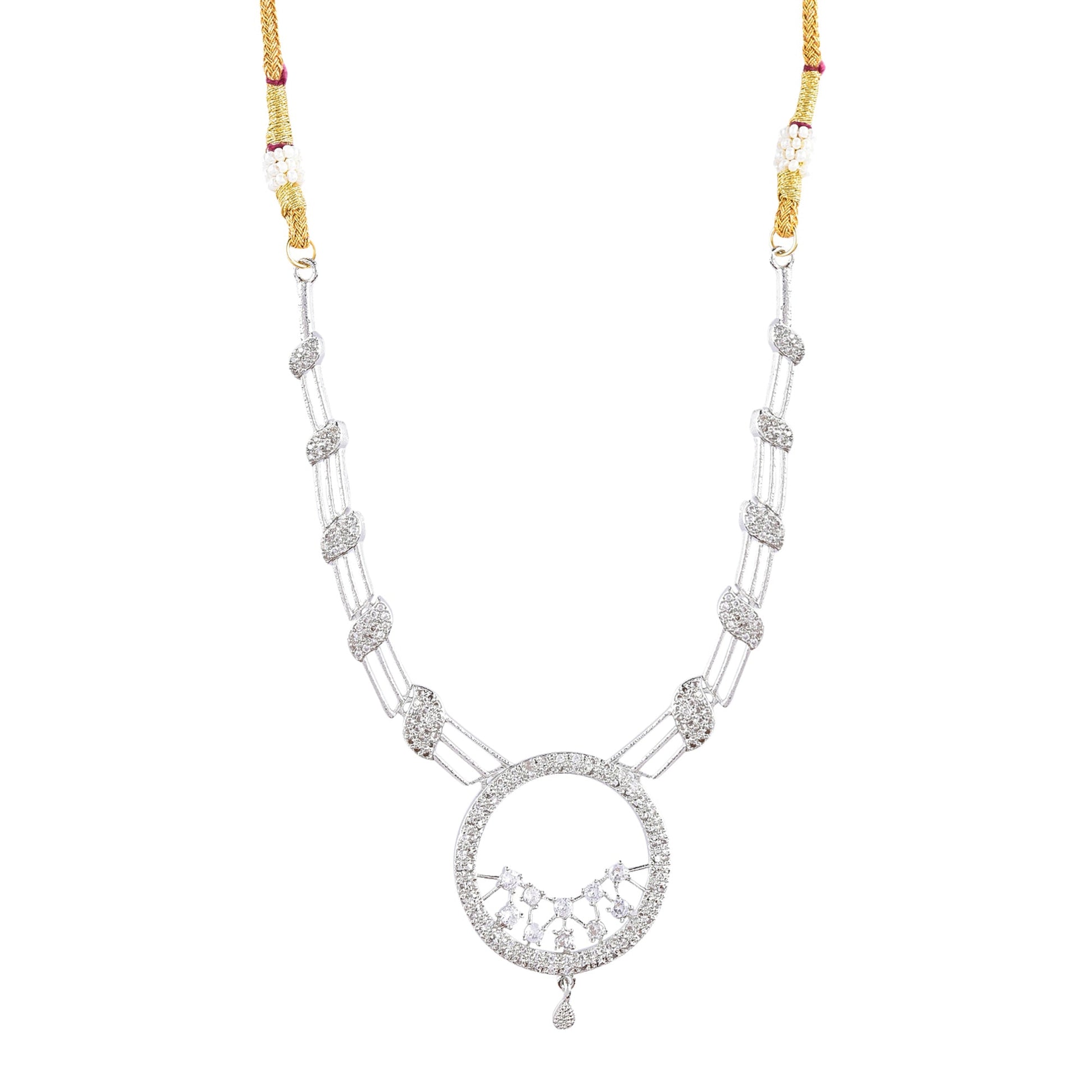 Rhodium-Plated Alloy Round Motif Ad Necklace Set - The Pari - Swadesiicart