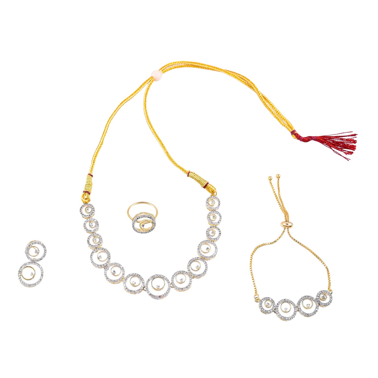 Rhodium-Plated Alloy American Diamond Circle Style Necklace With Earring Ring And Bracelet Set - The Pari - Swadesiicart