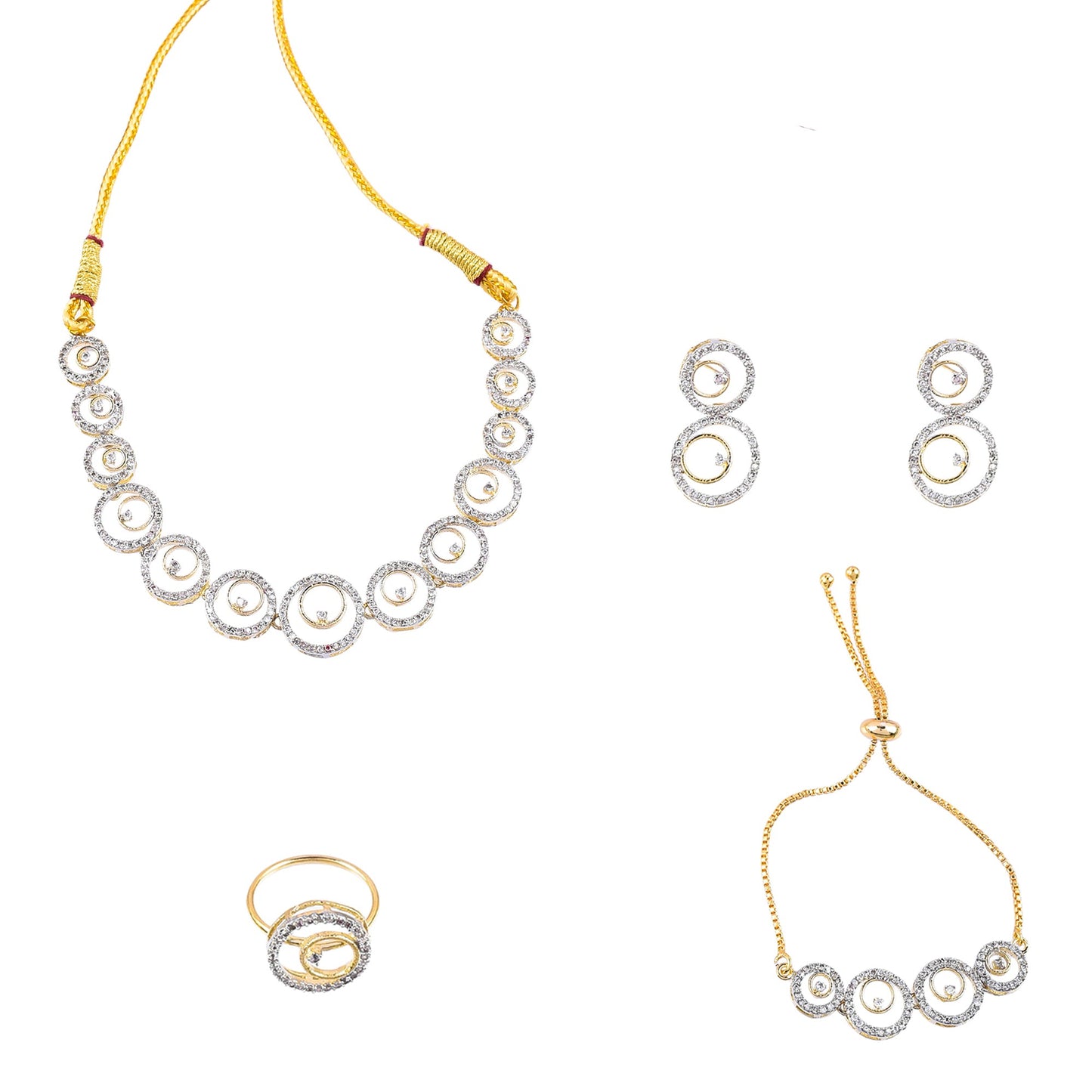 Rhodium-Plated Alloy American Diamond Circle Style Necklace With Earring Ring And Bracelet Set - The Pari - Swadesiicart
