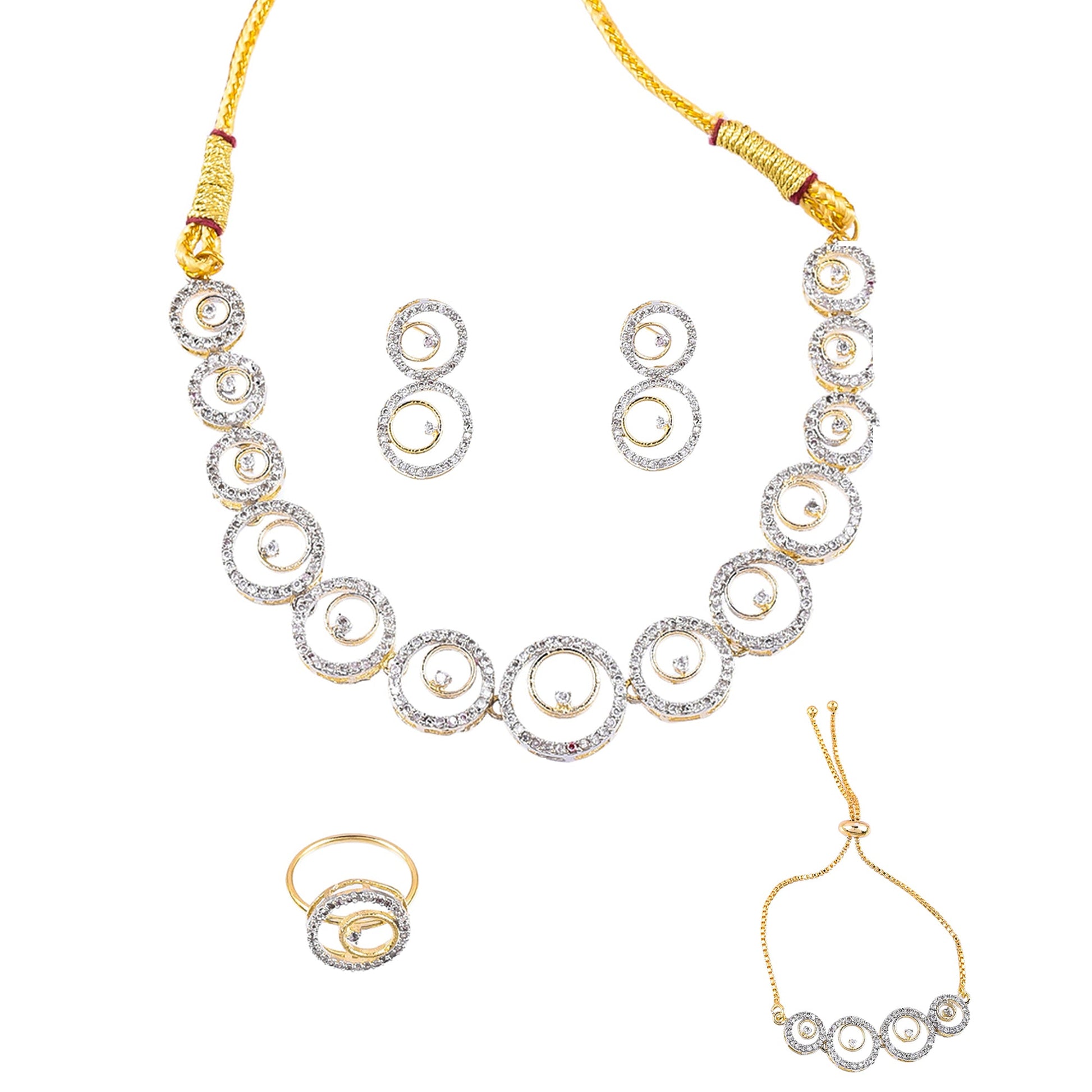 Rhodium-Plated Alloy American Diamond Circle Style Necklace With Earring Ring And Bracelet Set - The Pari - Swadesiicart