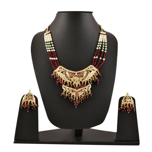 Gold-Polished Alloy Jadau Worktraditional Ethnic Beaded Necklace Set - The Pari - The Pari - Dinesh Associates
