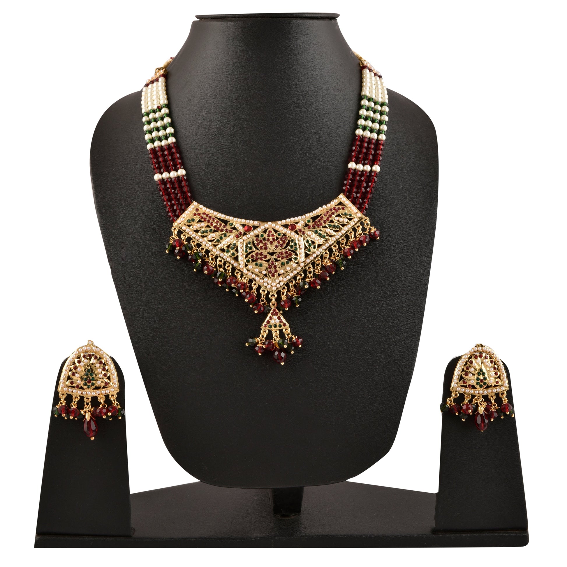 Gold-Polished Alloy Traditional Ethnic Beaded Jadau Necklace Set - The Pari - The Pari - Dinesh Associates