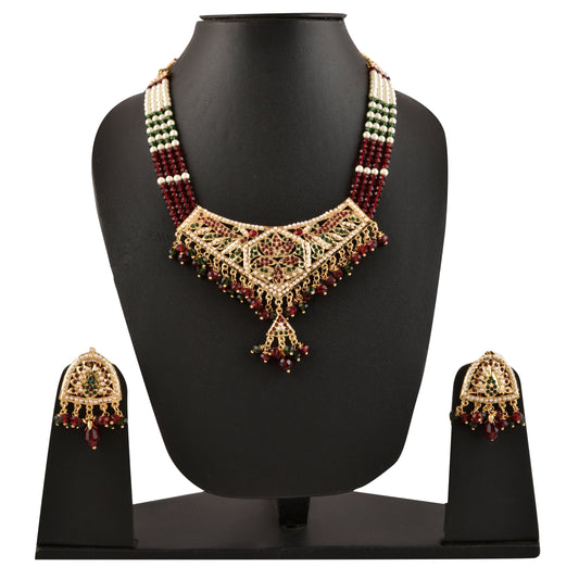 Gold-Polished Alloy Traditional Ethnic Beaded Jadau Necklace Set - The Pari - The Pari - Dinesh Associates