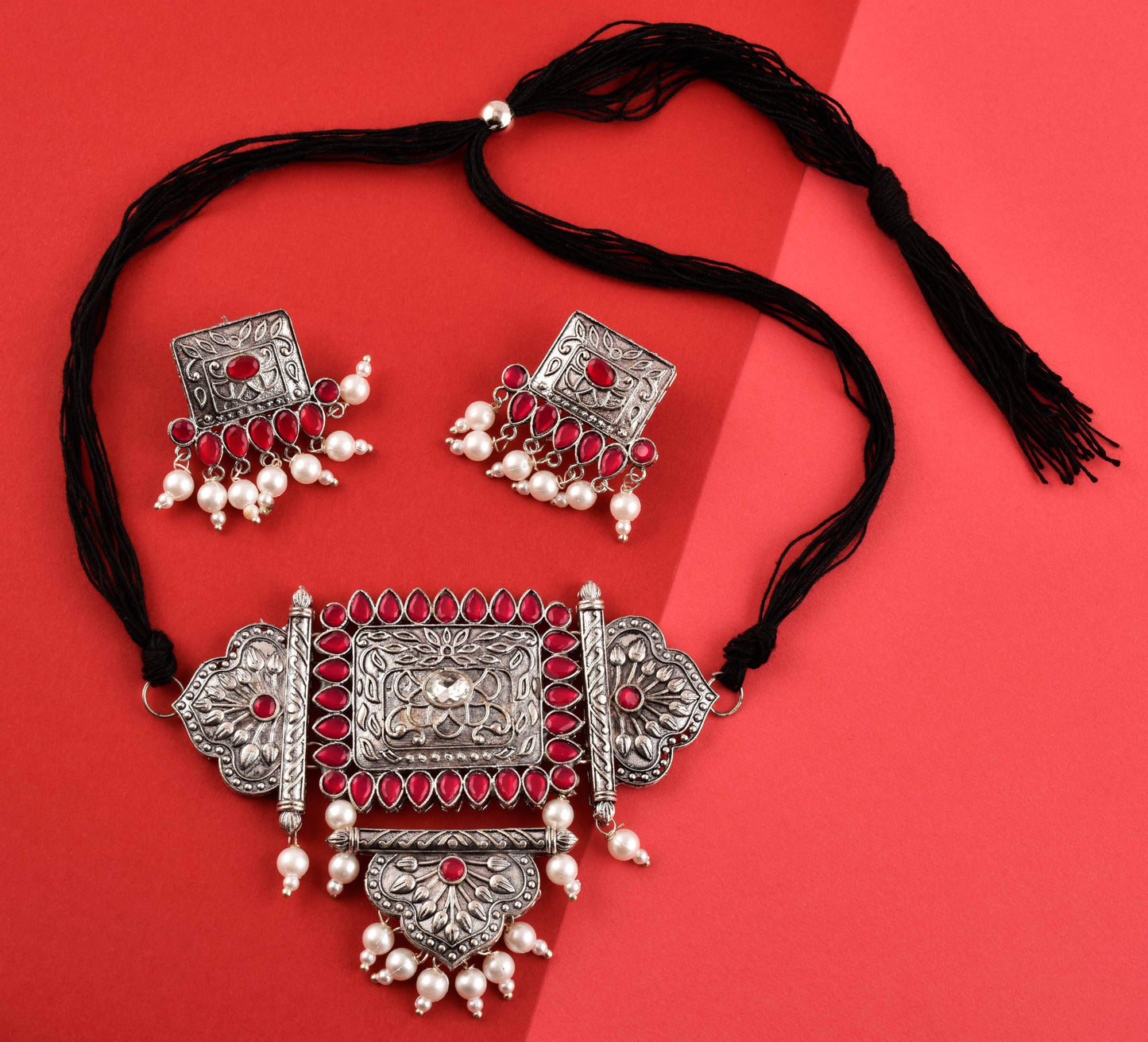 Silver-Plated Alloy Oxidised Tribal Pendant Choker Necklace - The Pari | Swadesiicart