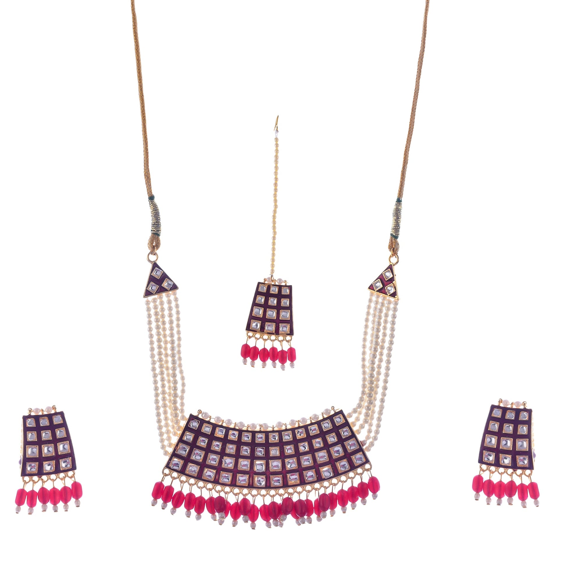 Gold-Polished Alloy Pearl Studded Kundan Choker Necklace Set With Maangtika - The Pari | Swadesiicart