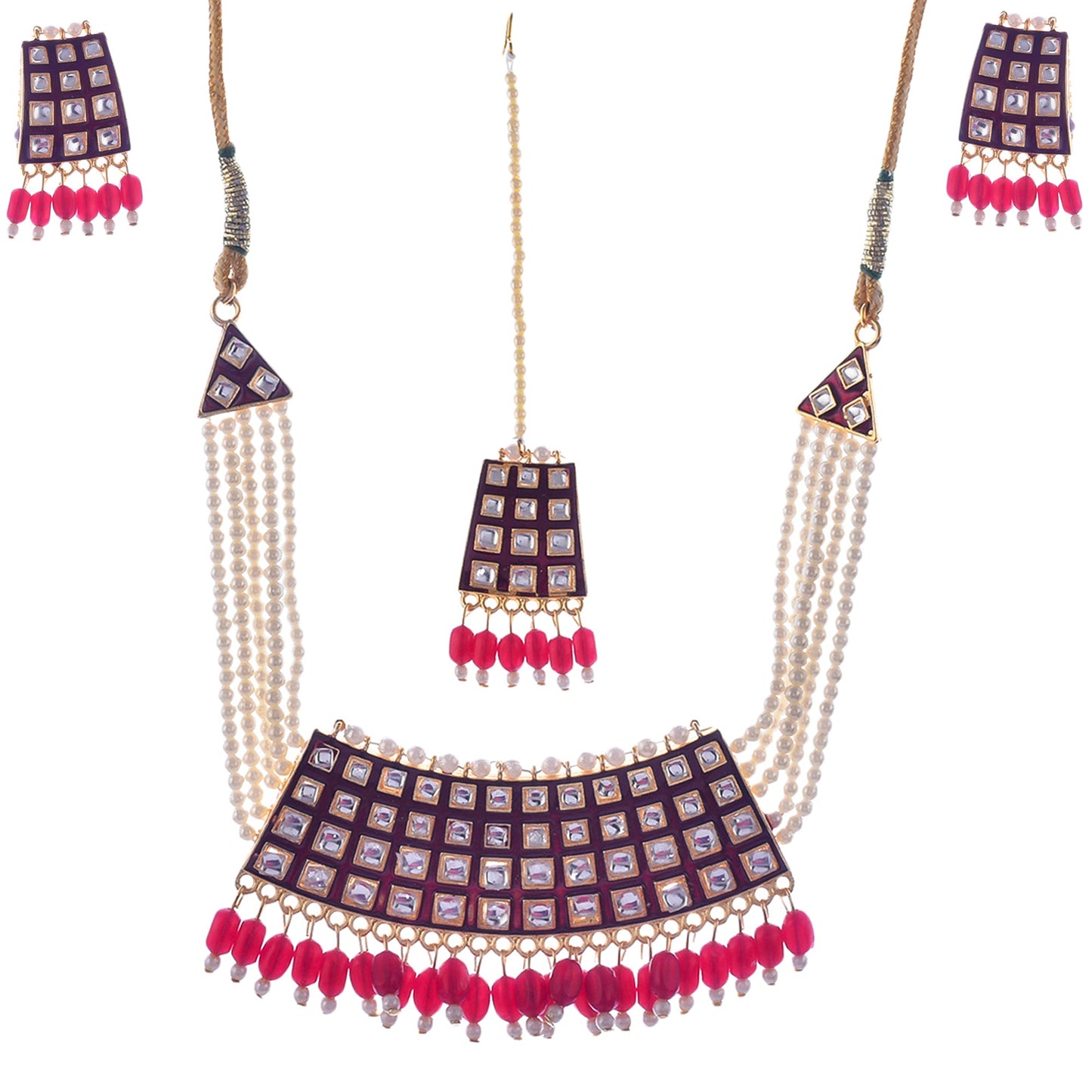 Gold-Polished Alloy Pearl Studded Kundan Choker Necklace Set With Maangtika - The Pari | Swadesiicart
