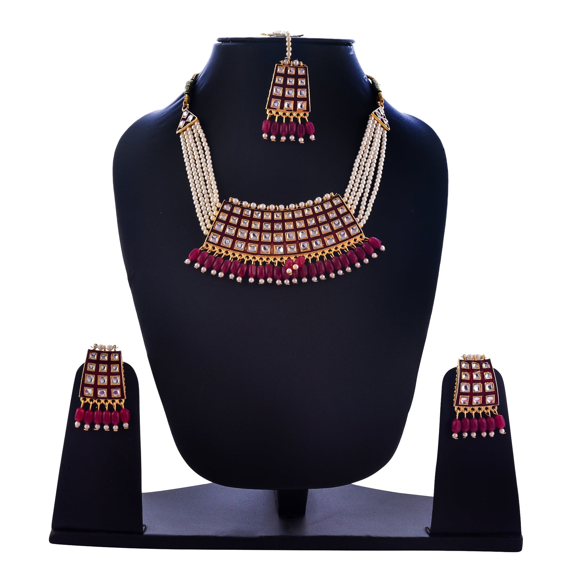 Gold-Polished Alloy Pearl Studded Kundan Choker Necklace Set With Maangtika - The Pari | Swadesiicart