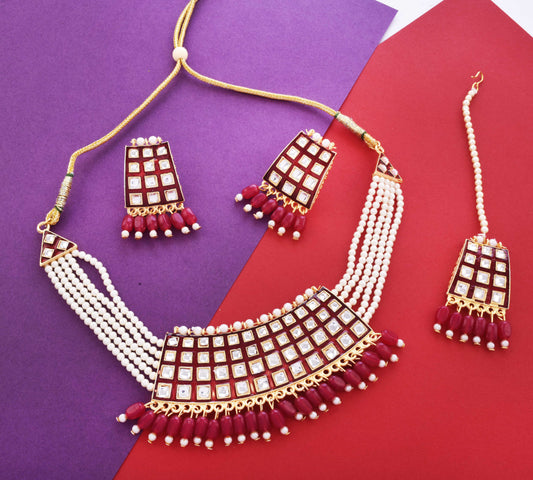 Gold-Polished Alloy Pearl Studded Kundan Choker Necklace Set With Maangtika - The Pari | Swadesiicart