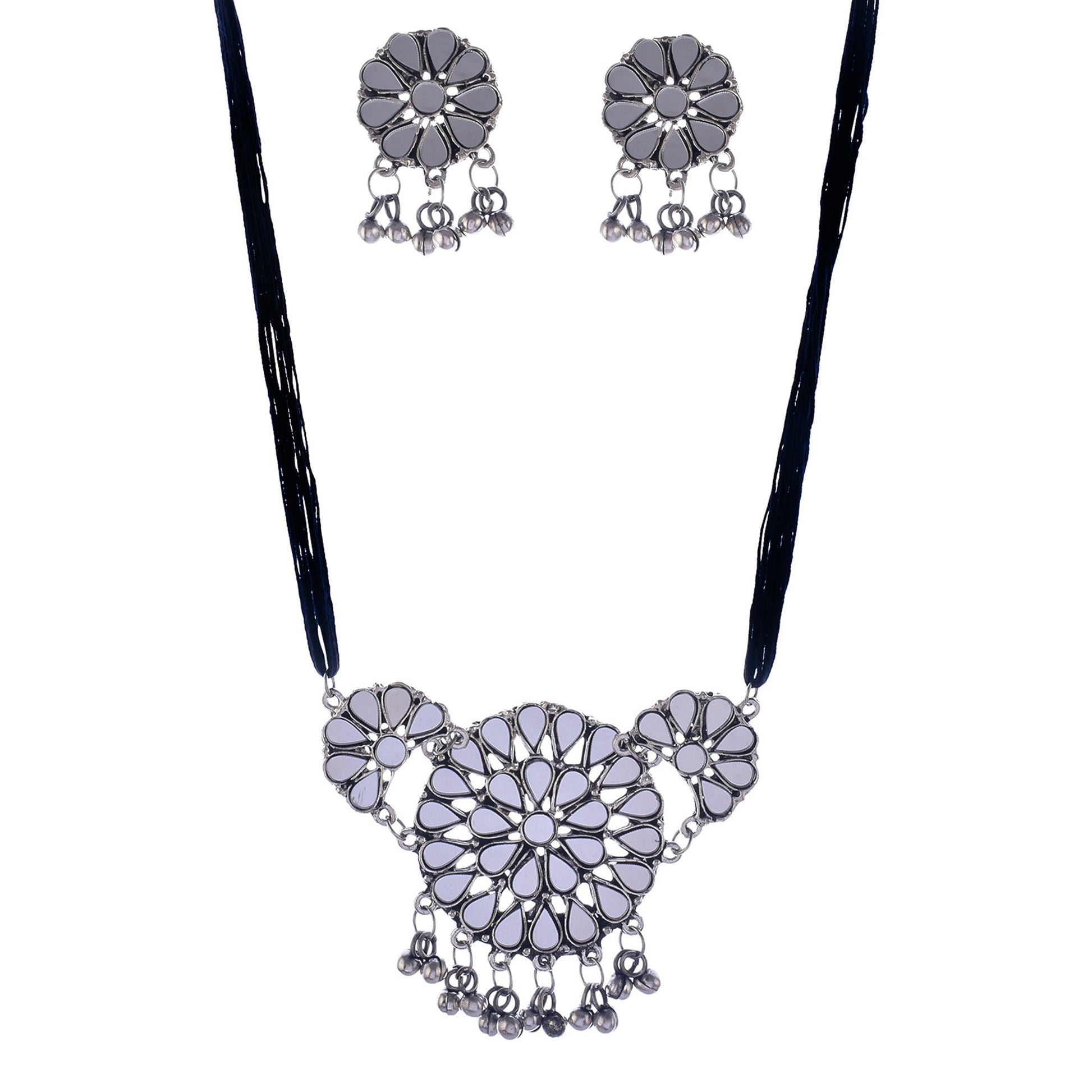 Silver-Plated Alloy Glass Studded Tribal Oxidised Choker Necklace - The Pari | Swadesiicart
