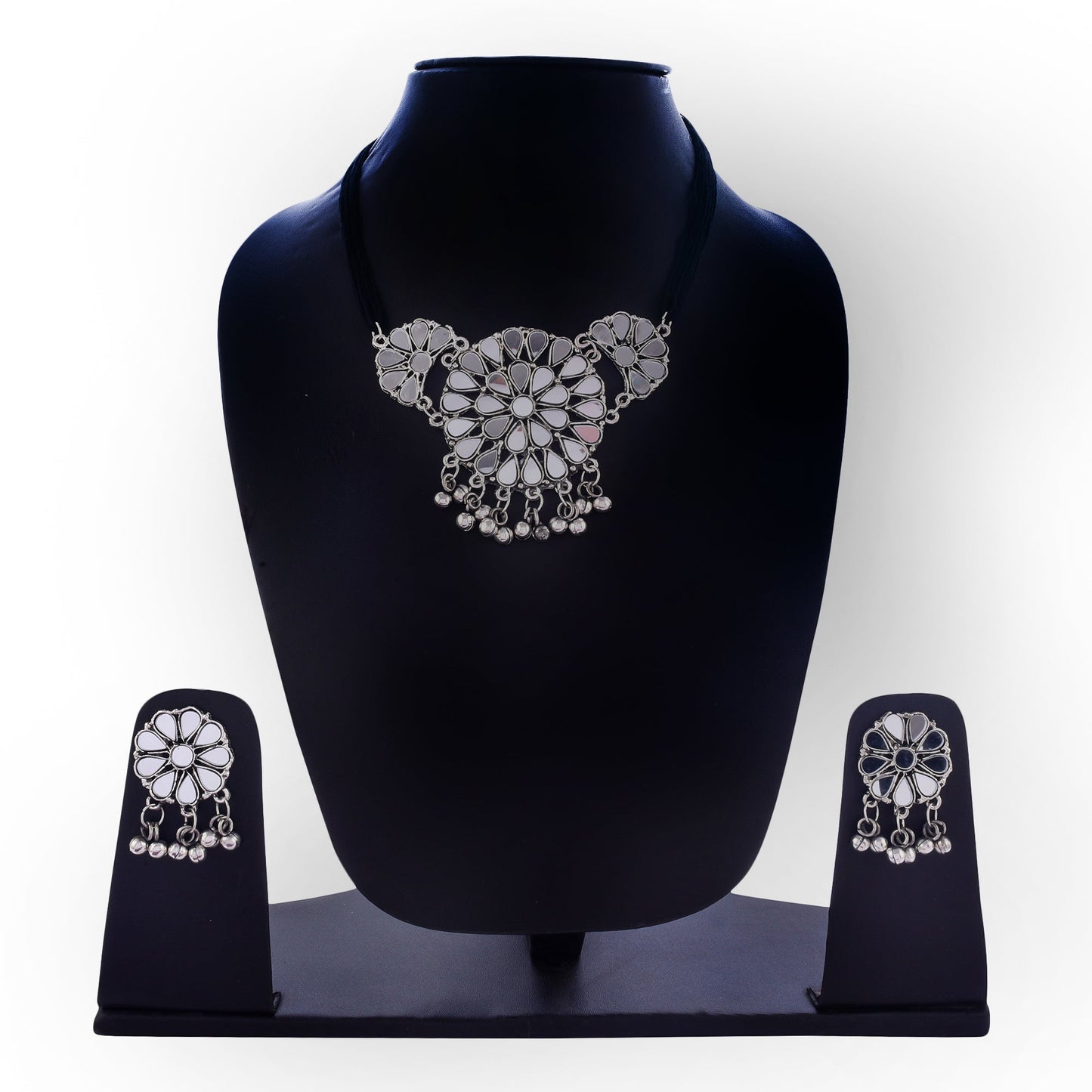 Silver-Plated Alloy Glass Studded Tribal Oxidised Choker Necklace - The Pari | Swadesiicart