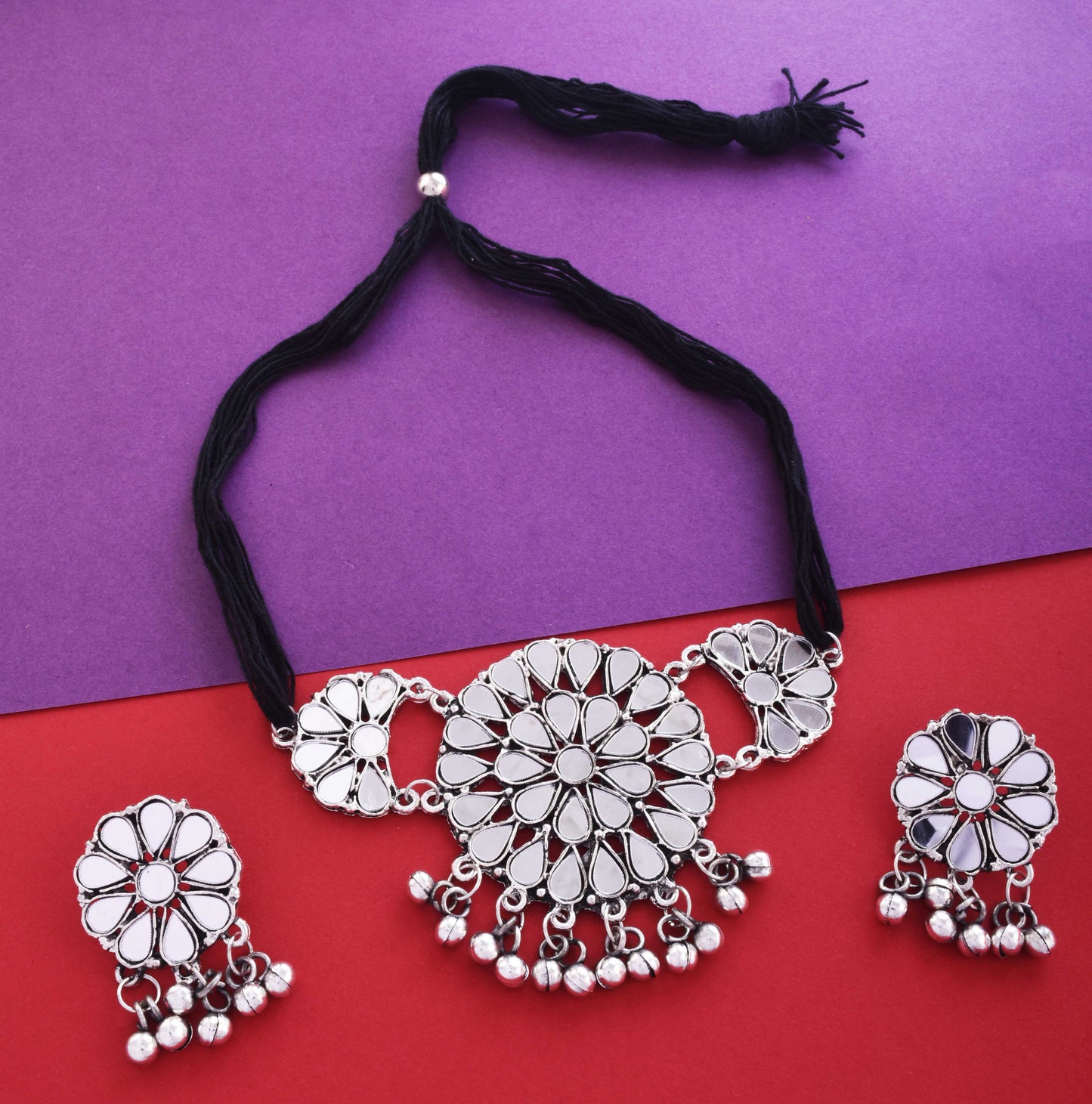 Silver-Plated Alloy Glass Studded Tribal Oxidised Choker Necklace - The Pari | Swadesiicart