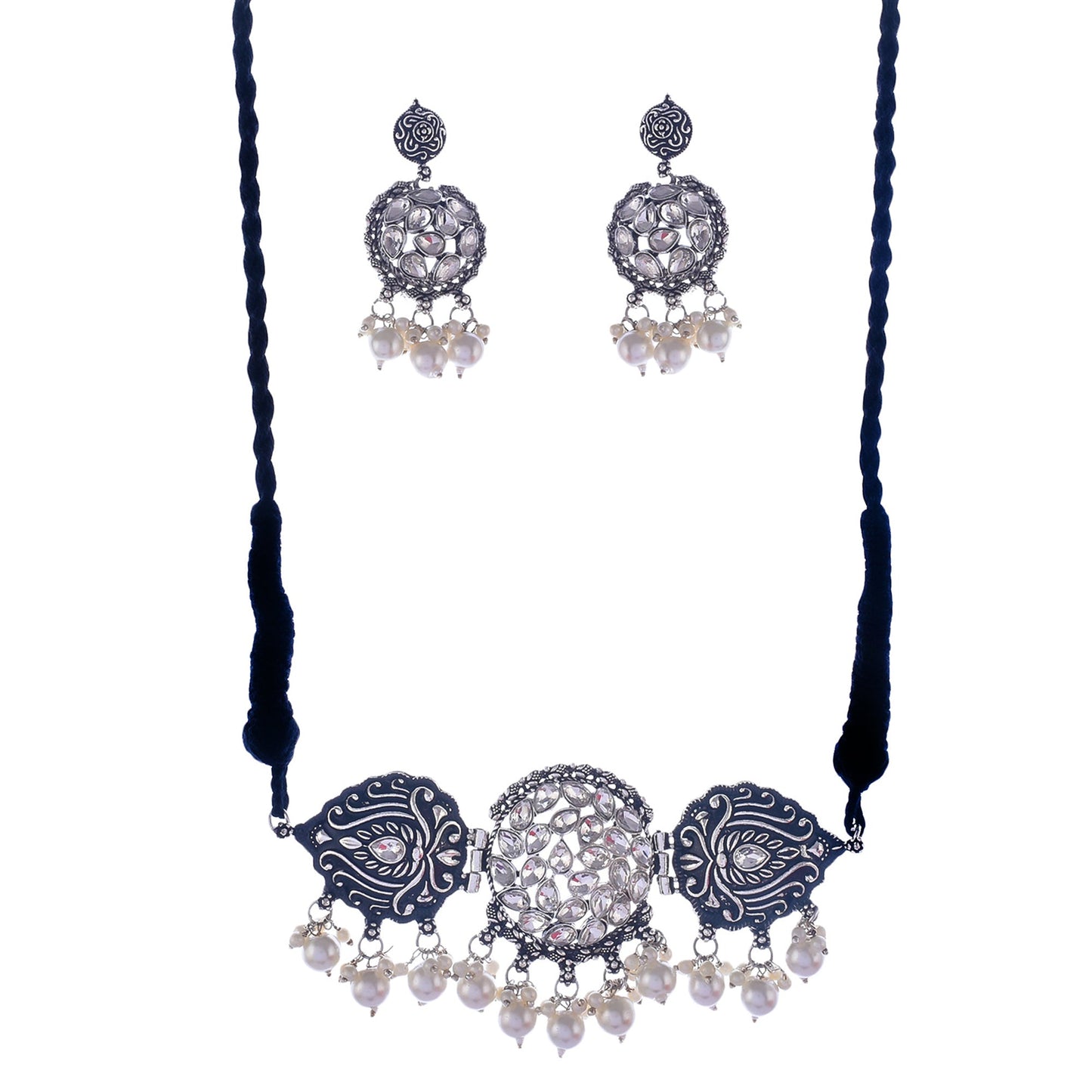 Silver-Plated Alloy Rhinestones Studded Tribal Oxidised Choker Necklace - The Pari | Swadesiicart
