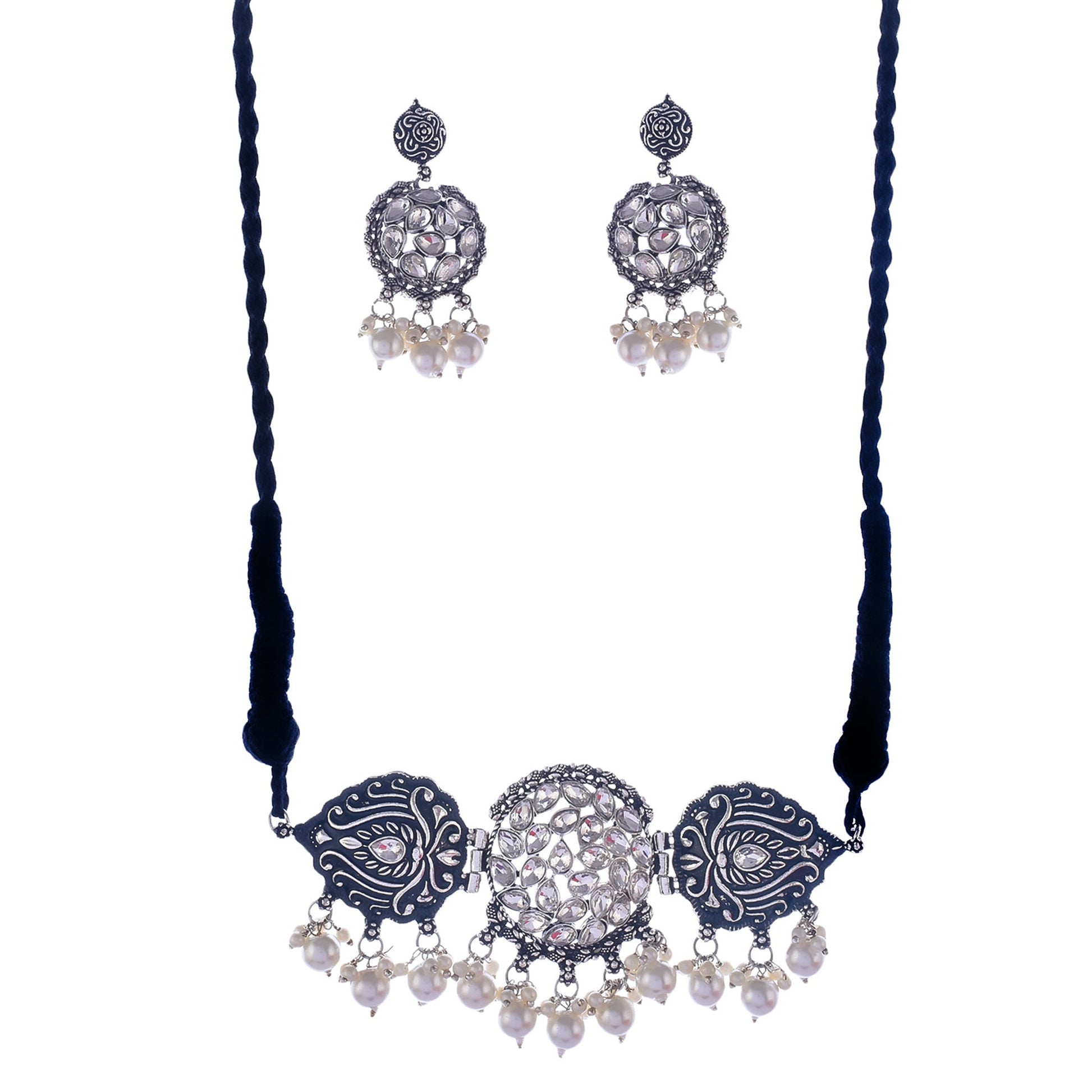 Silver-Plated Alloy Rhinestones Studded Tribal Oxidised Choker Necklace - The Pari | Swadesiicart