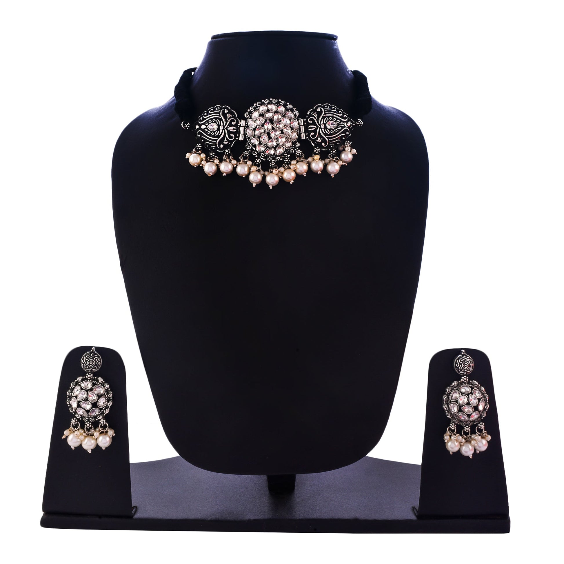 Silver-Plated Alloy Rhinestones Studded Tribal Oxidised Choker Necklace - The Pari | Swadesiicart