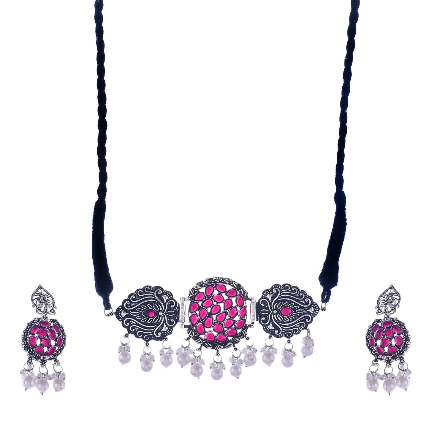Silver-Plated Alloy Designer Oxidised Choker Necklace - The Pari | Swadesiicart