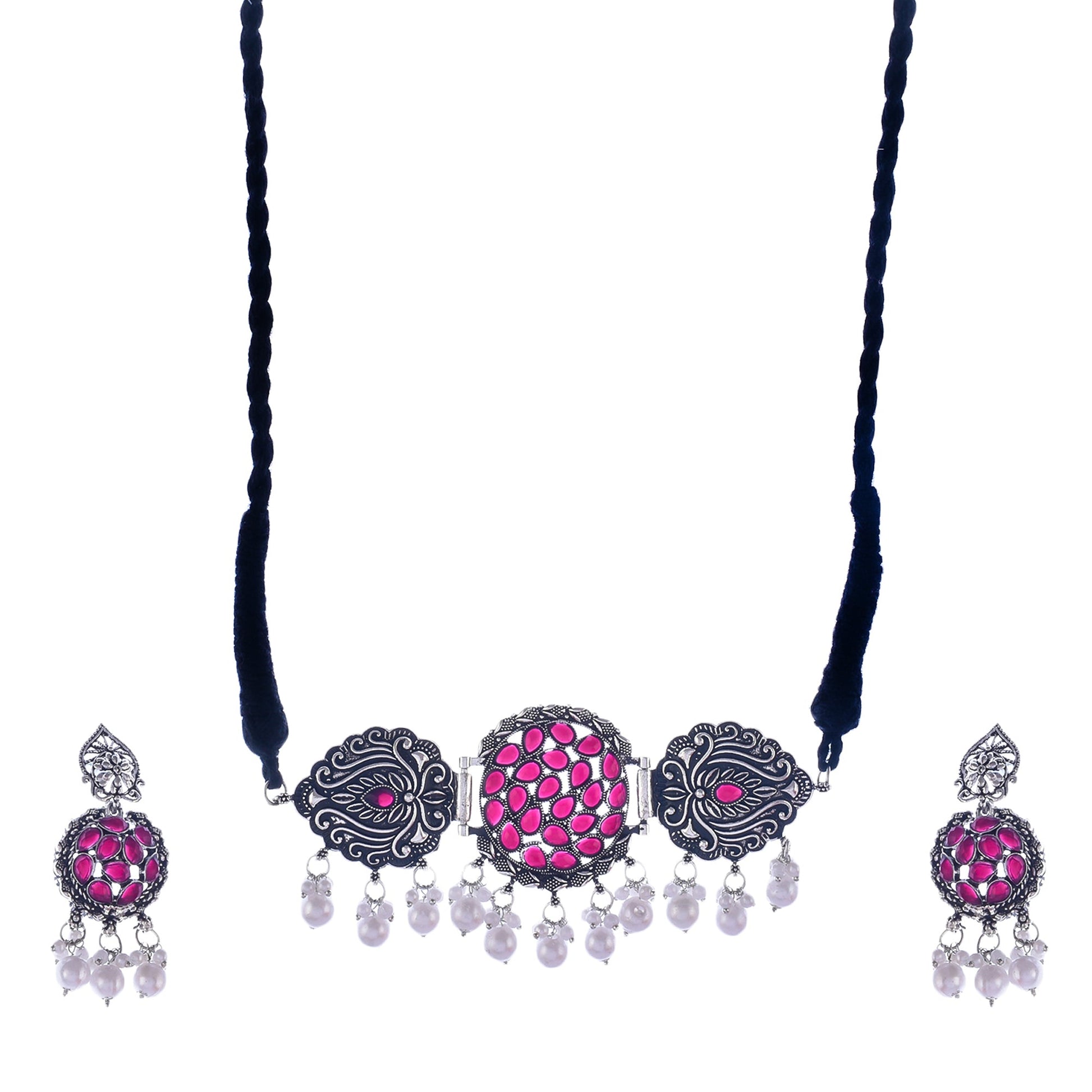 Silver-Plated Alloy Designer Oxidised Choker Necklace - The Pari | Swadesiicart