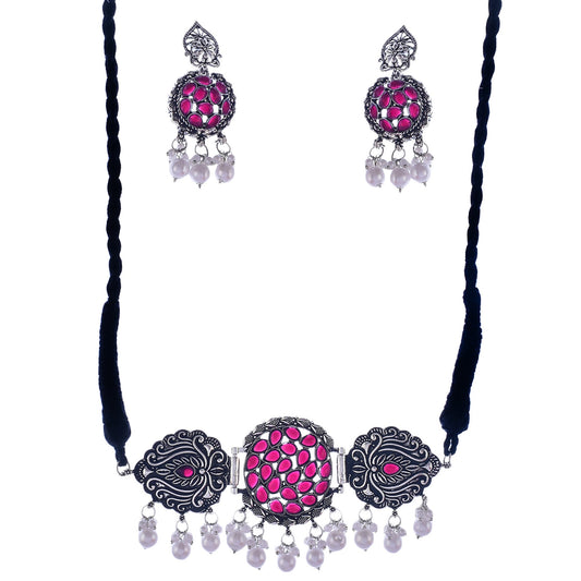 Silver-Plated Alloy Designer Oxidised Choker Necklace - The Pari | Swadesiicart