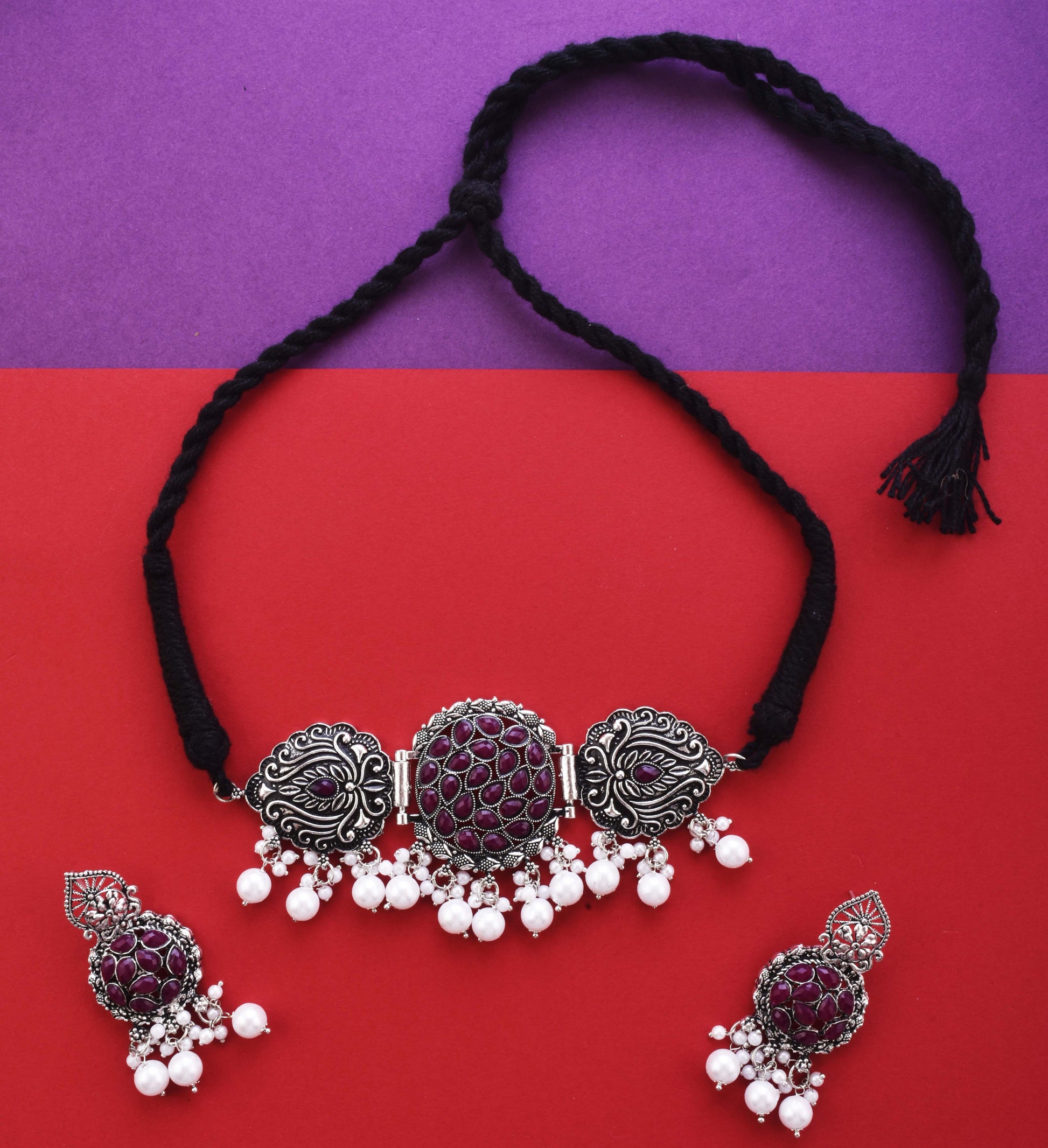 Silver-Plated Alloy Designer Oxidised Choker Necklace - The Pari | Swadesiicart