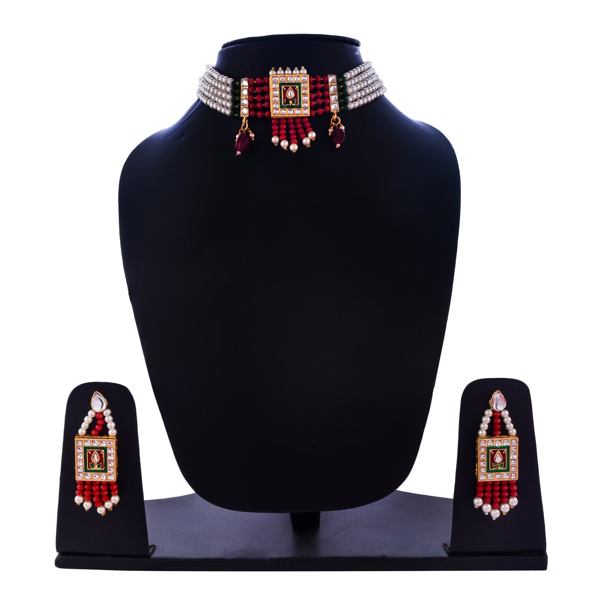 Gold-Polished Alloy Pearl And Glass Bread Choker Necklace - The Pari | Swadesiicart