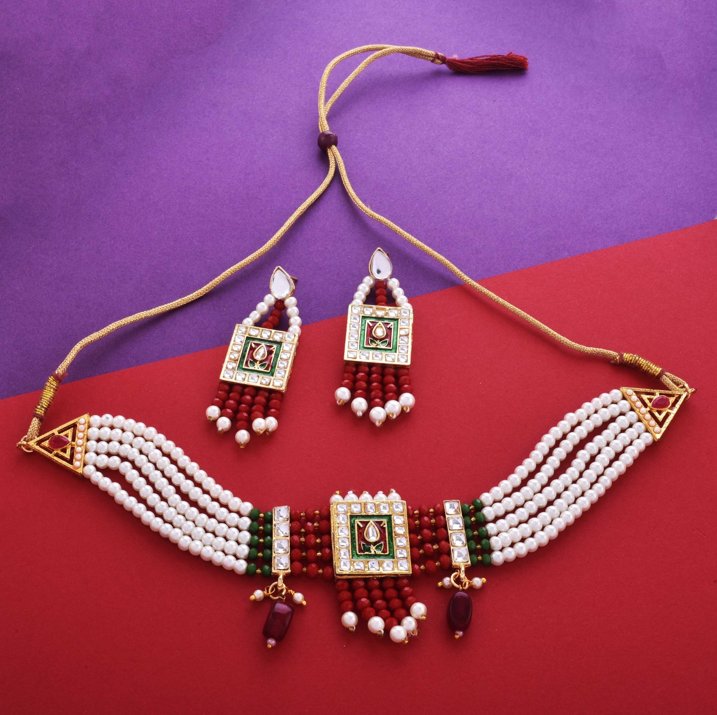 Gold-Polished Alloy Pearl And Glass Bread Choker Necklace - The Pari | Swadesiicart