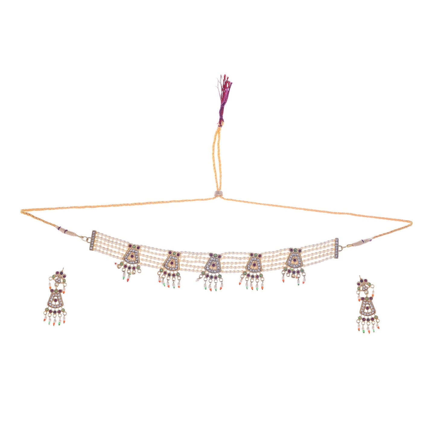 Gold-Polished Alloy Five Motif Pearl Choker Necklace - The Pari | Swadesiicart