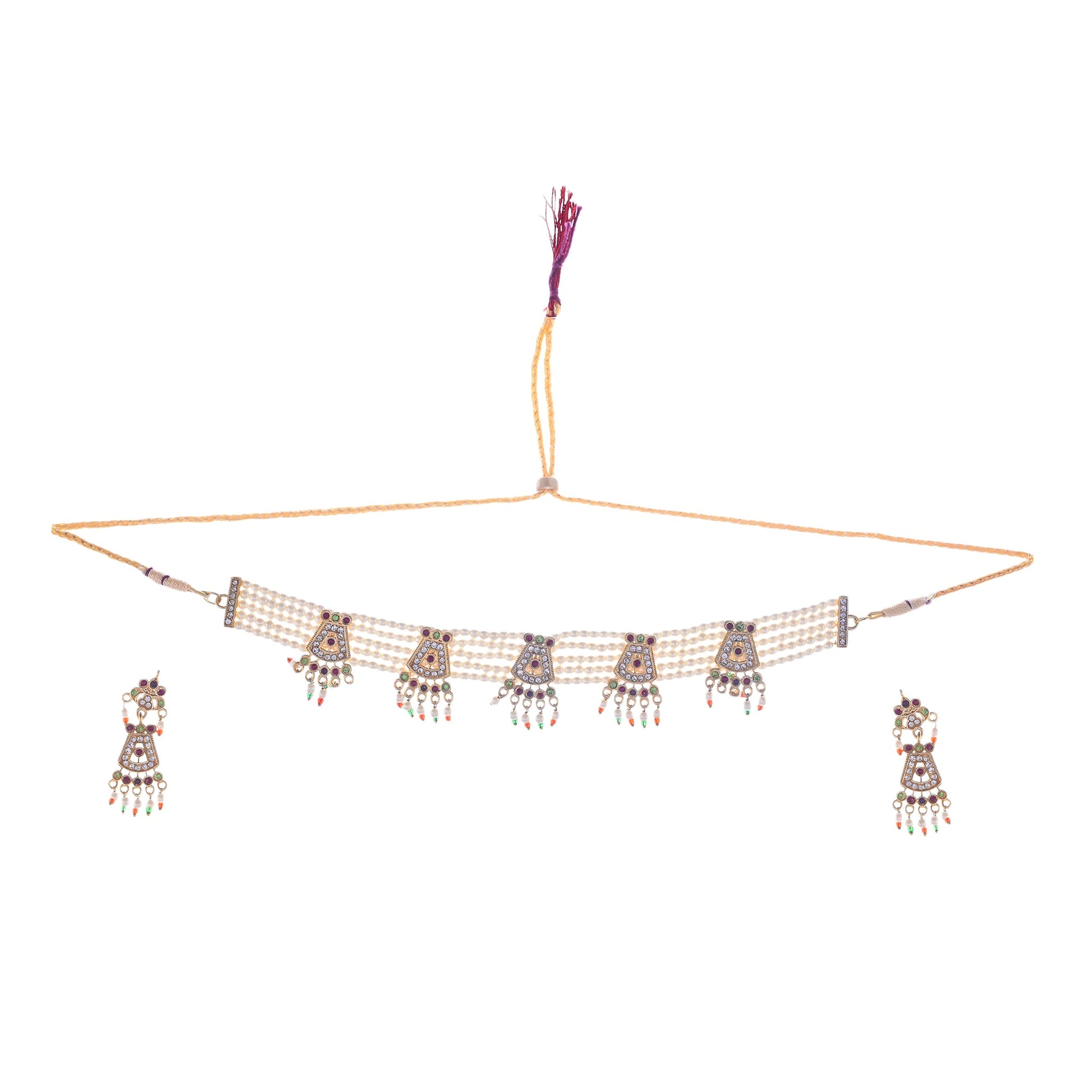 Gold-Polished Alloy Five Motif Pearl Choker Necklace - The Pari | Swadesiicart