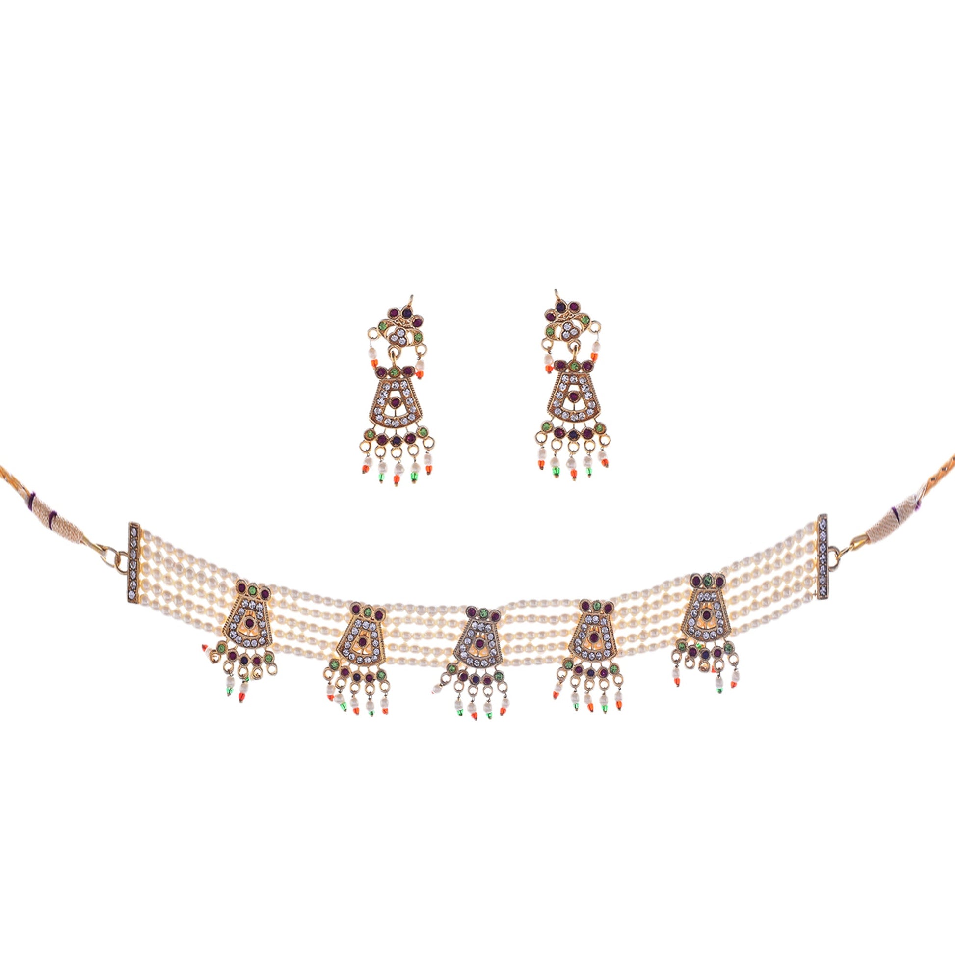 Gold-Polished Alloy Five Motif Pearl Choker Necklace - The Pari | Swadesiicart