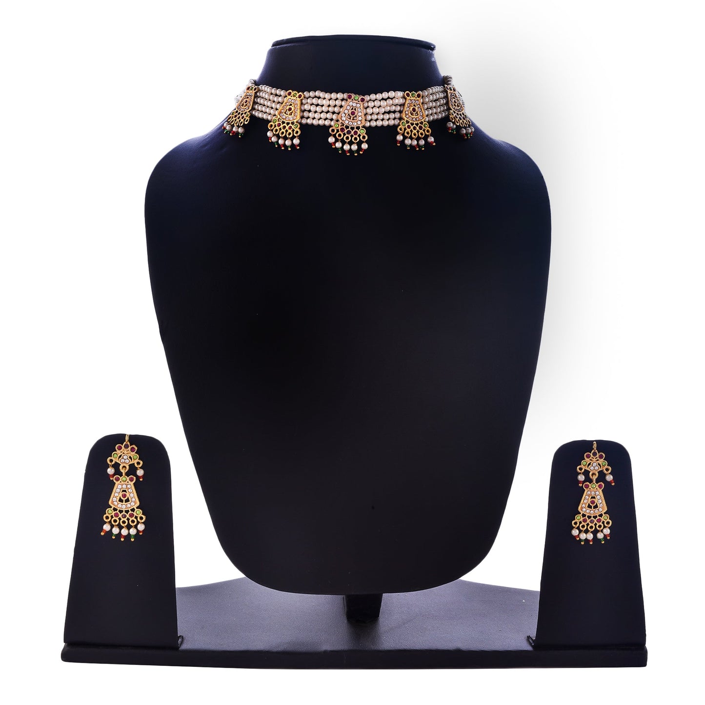 Gold-Polished Alloy Five Motif Pearl Choker Necklace - The Pari | Swadesiicart