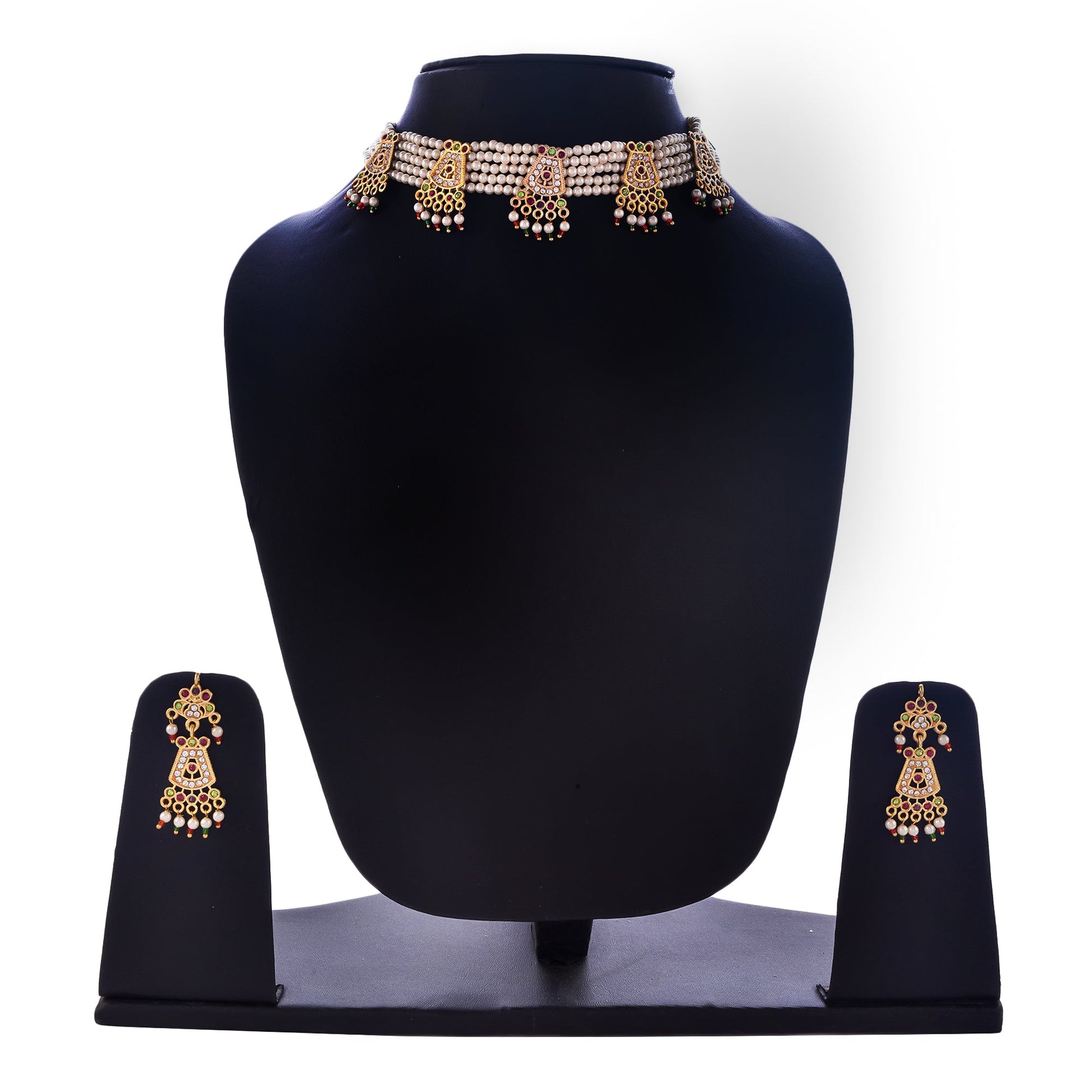 Gold-Polished Alloy Five Motif Pearl Choker Necklace - The Pari | Swadesiicart