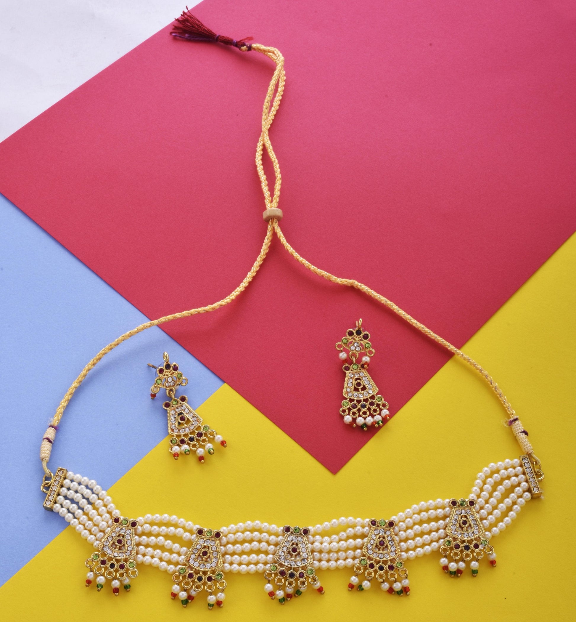 Gold-Polished Alloy Five Motif Pearl Choker Necklace - The Pari | Swadesiicart