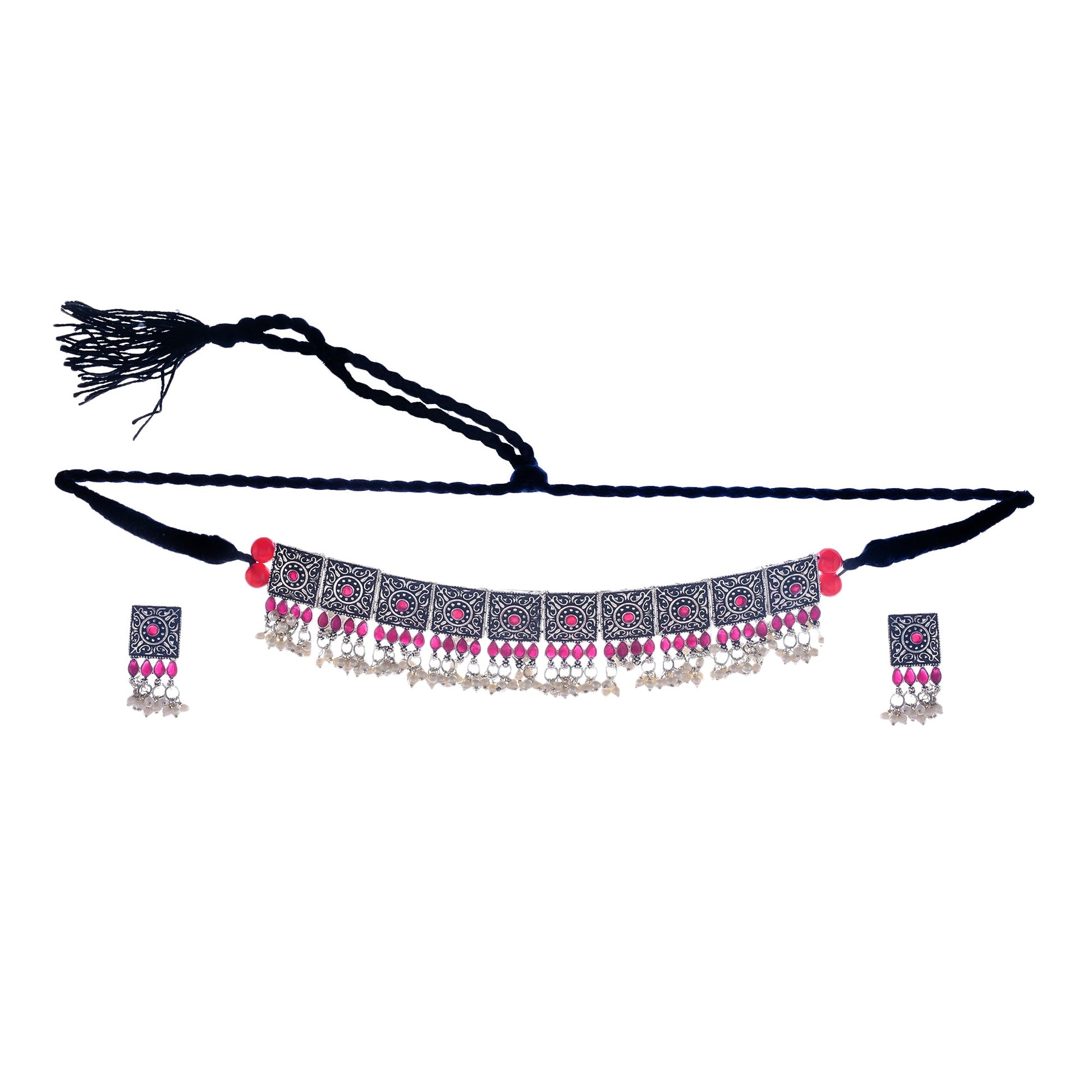 Rhodium-Plated Alloy Classy Ruby Stone Oxidised Choker Necklace - The Pari | Swadesiicart