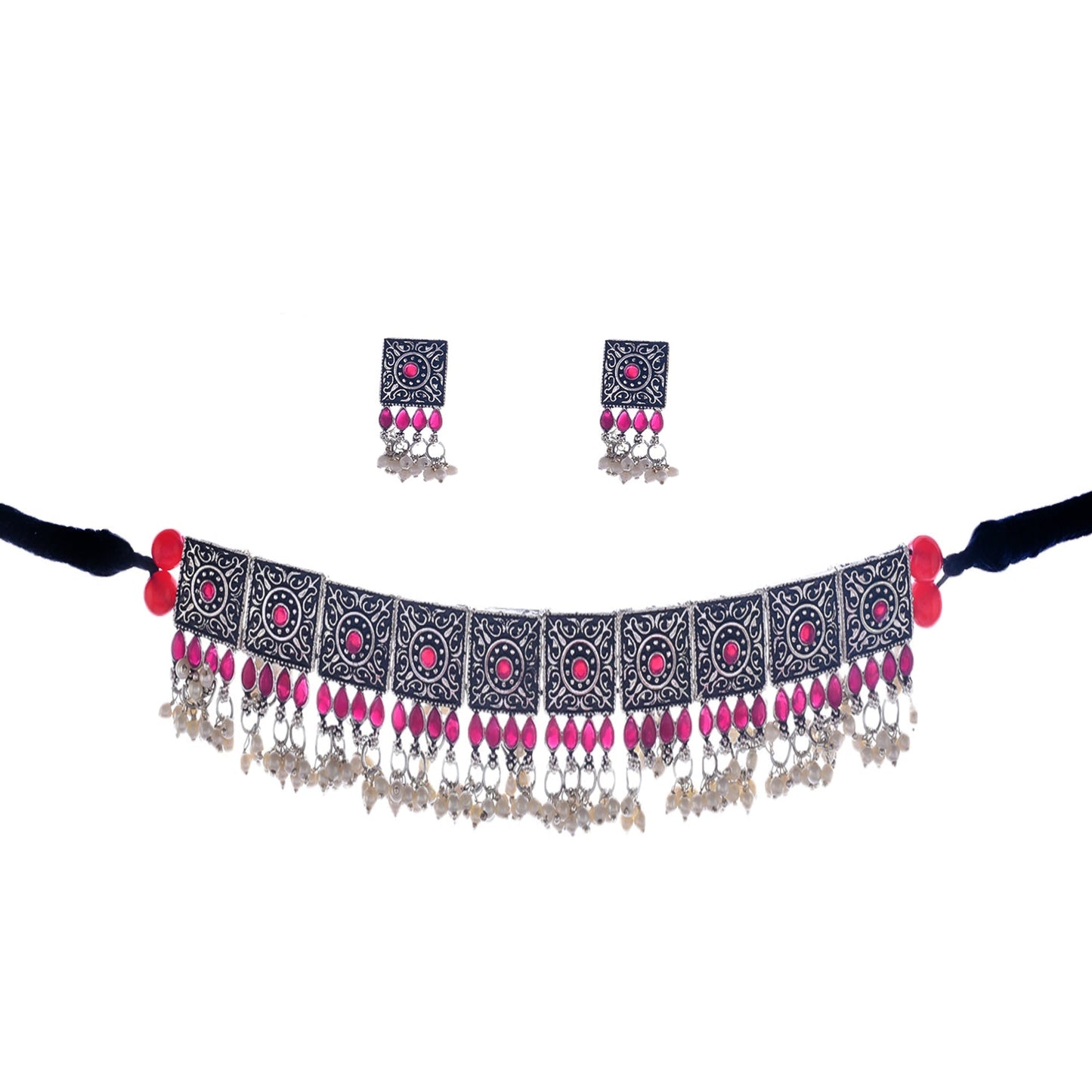 Rhodium-Plated Alloy Classy Ruby Stone Oxidised Choker Necklace - The Pari | Swadesiicart