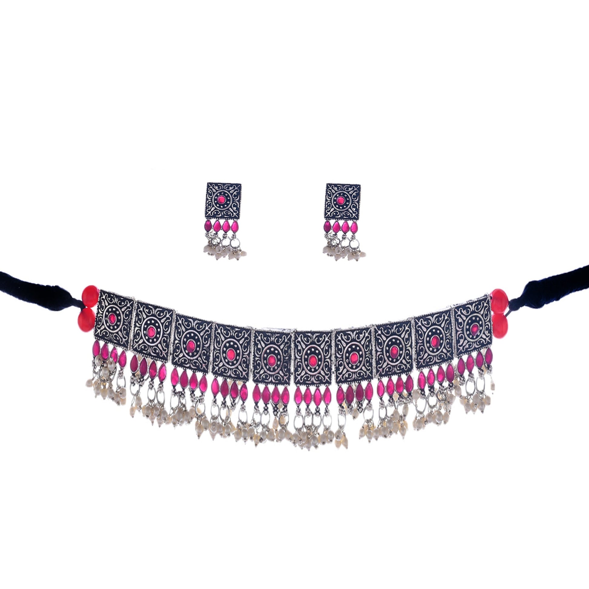 Rhodium-Plated Alloy Classy Ruby Stone Oxidised Choker Necklace - The Pari | Swadesiicart