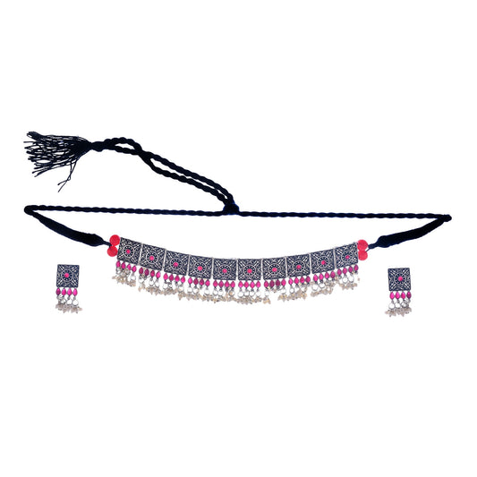 Rhodium-Plated Alloy Classy Ruby Stone Oxidised Choker Necklace - The Pari | Swadesiicart