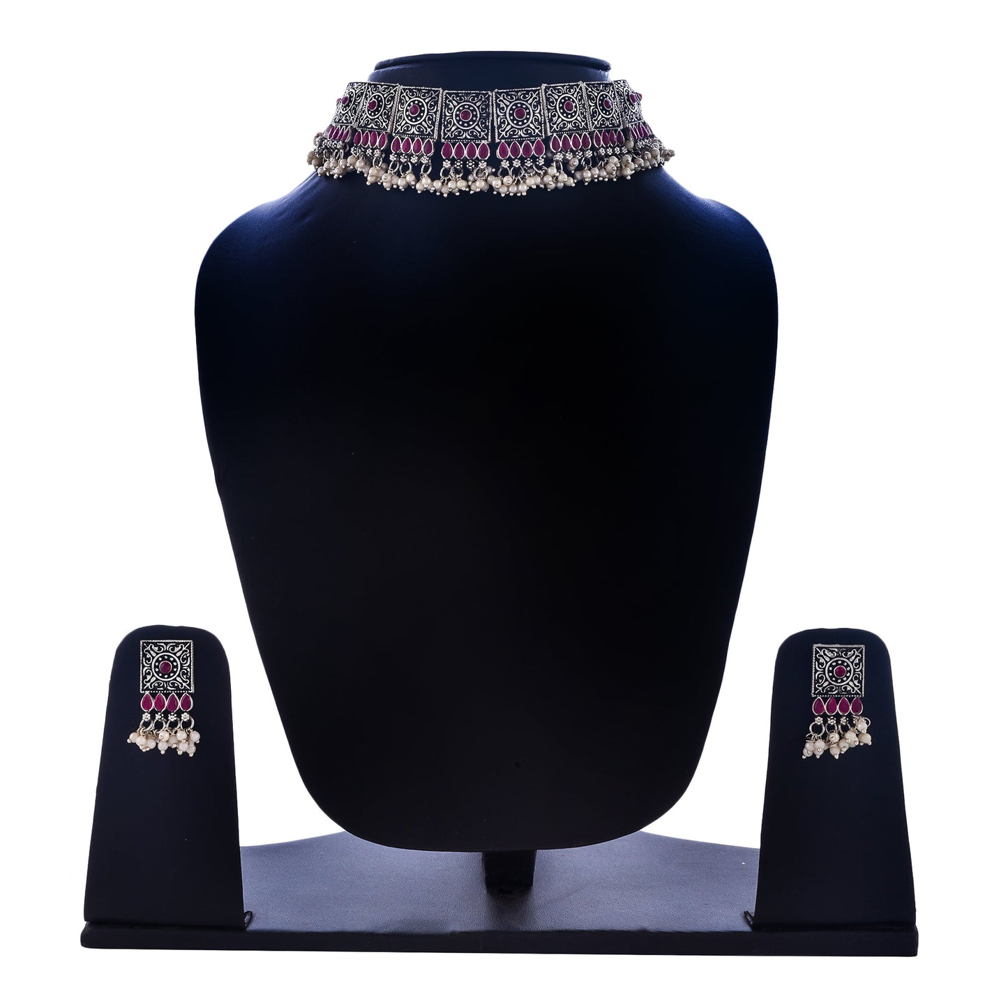 Rhodium-Plated Alloy Classy Ruby Stone Oxidised Choker Necklace - The Pari | Swadesiicart