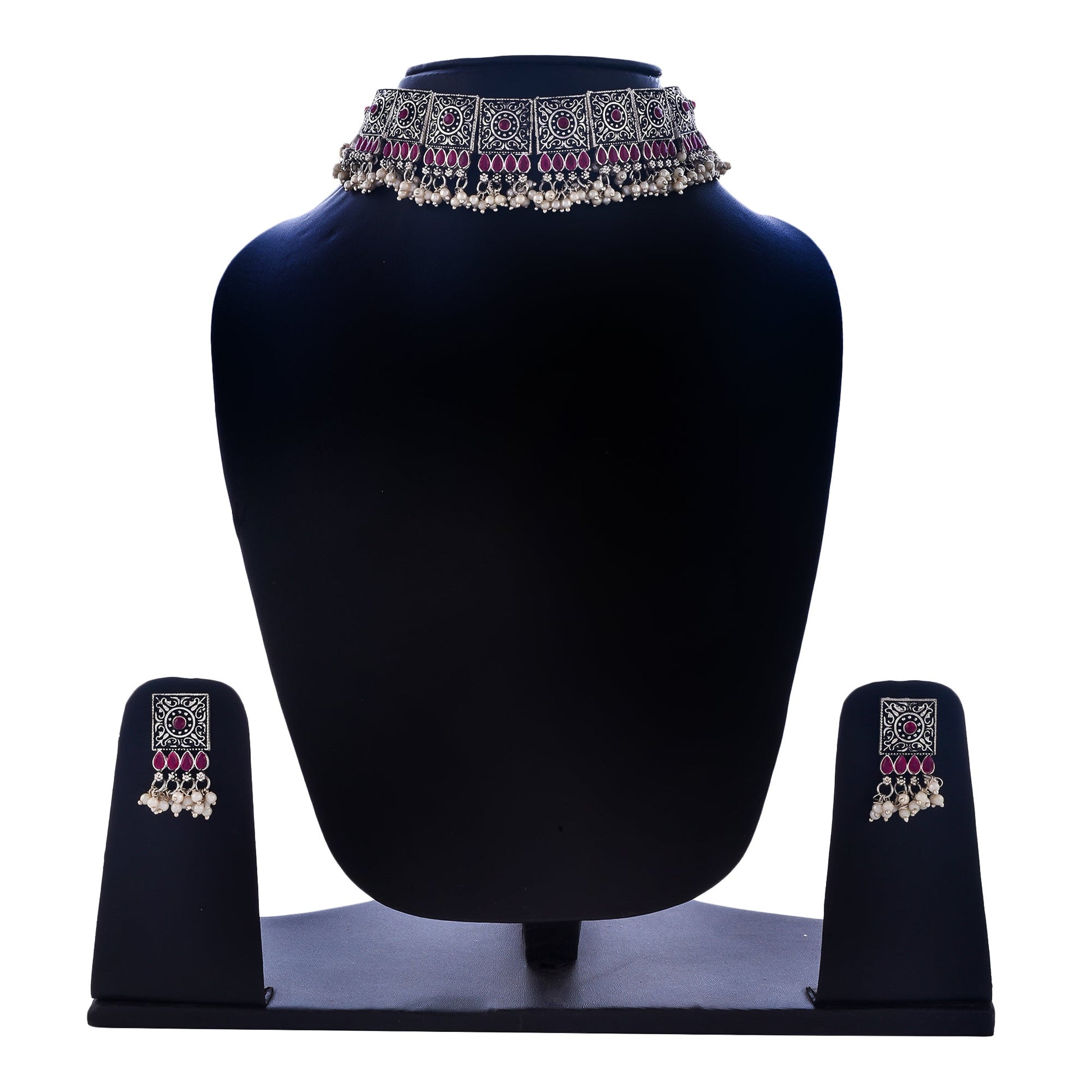 Rhodium-Plated Alloy Classy Ruby Stone Oxidised Choker Necklace - The Pari | Swadesiicart