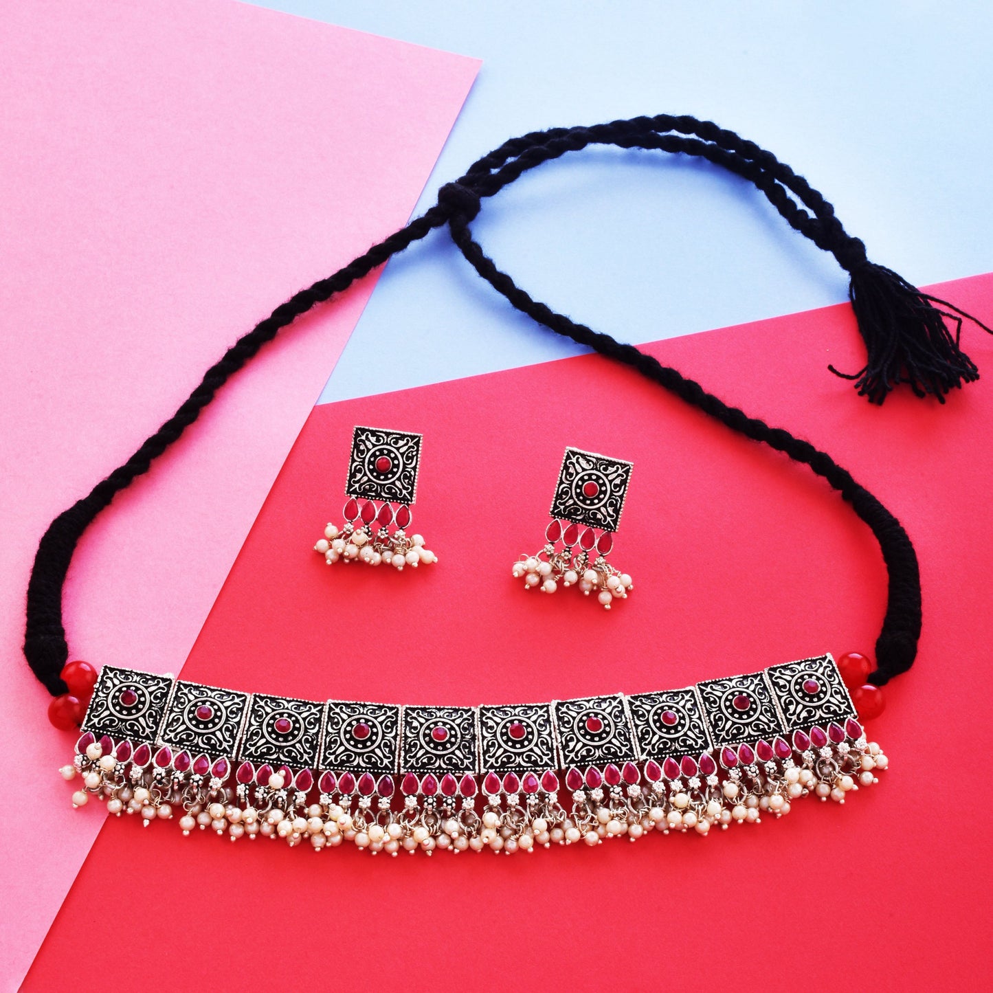 Rhodium-Plated Alloy Classy Ruby Stone Oxidised Choker Necklace - The Pari | Swadesiicart