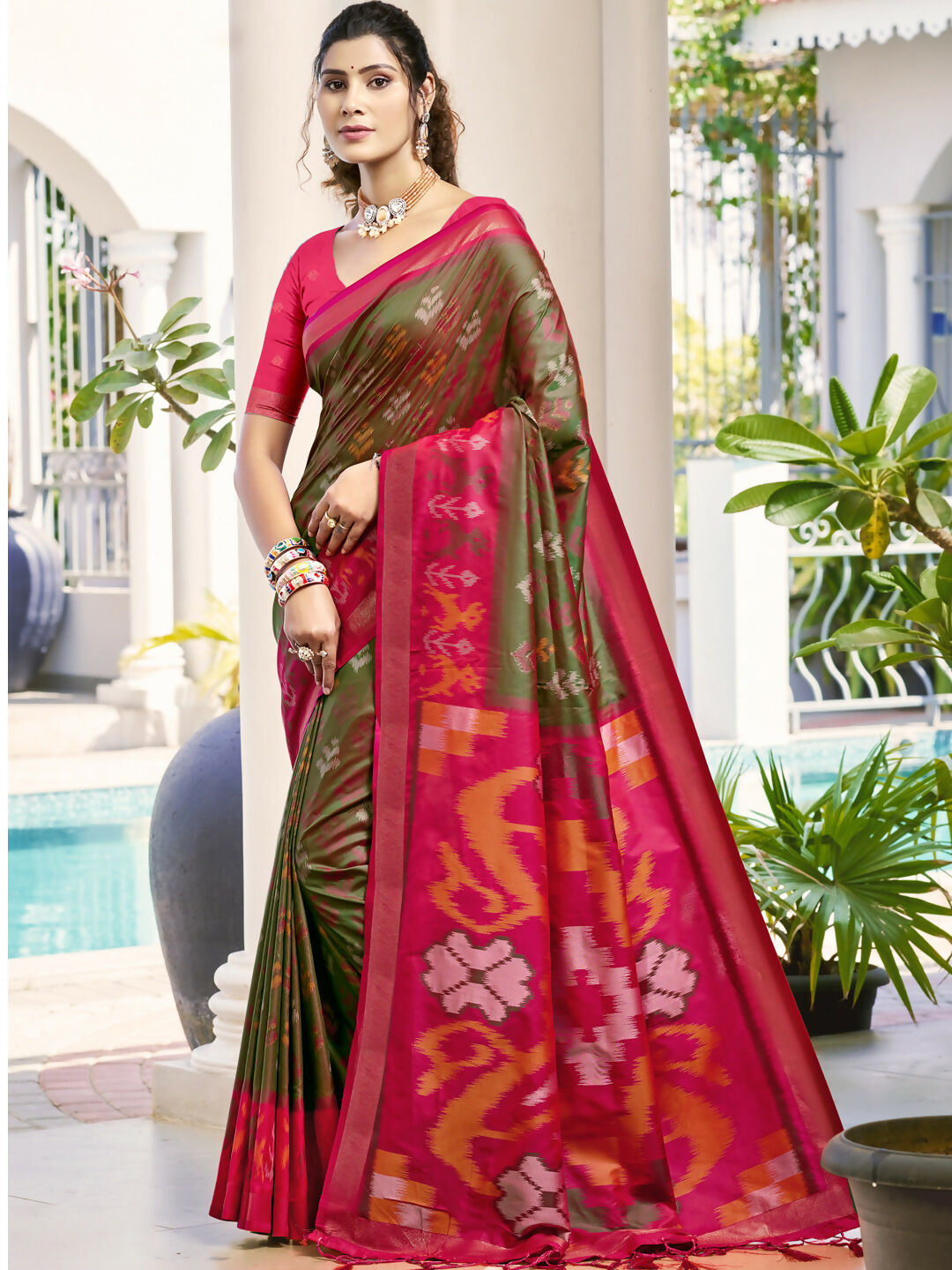 Shree Shyam Fashion Pochampalli Silk Olive Green Saree