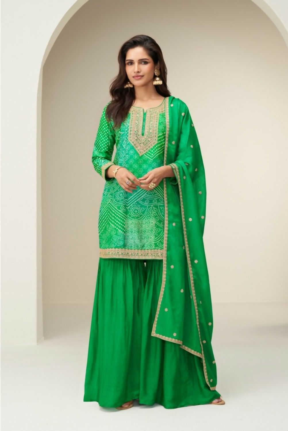 Anaita Green Chinon Stitched Suit with Digital Print & Embroidery Coding Sequence Work
