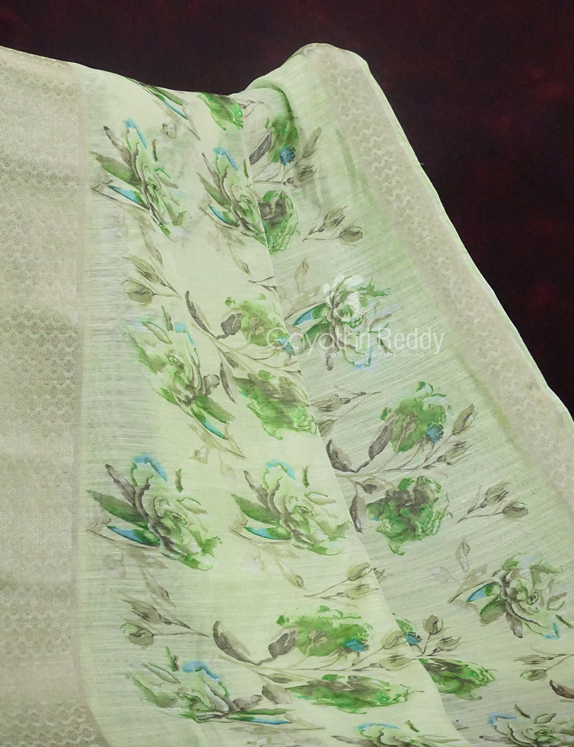 Shades of Green with Floral Design Semi Chanderi Saree By Gayathri Reddy Designer Studio | Swadesiicart