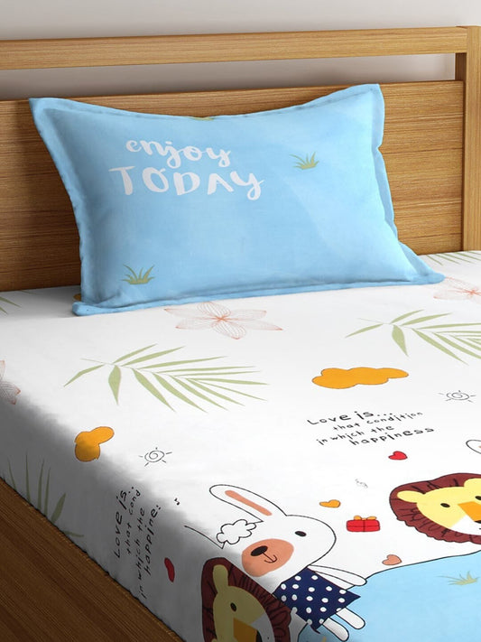 Home Sizzler White & Blue Cartoon Characters 210 TC Single Bedsheet with 1 Pillow Covers - Swadesiicart