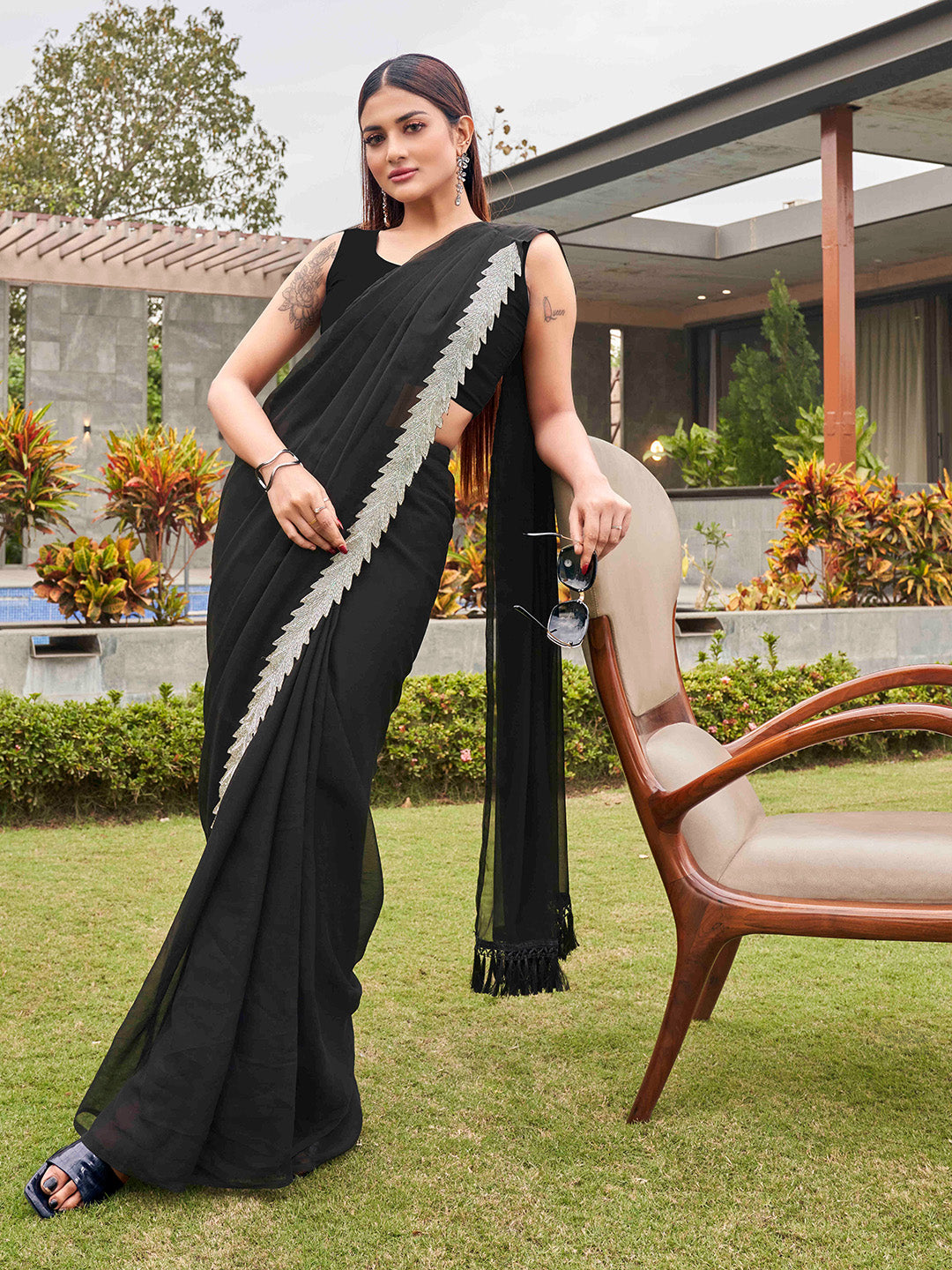 Tikhi Imli Black Beads and Stones Saree | Swadesiicart