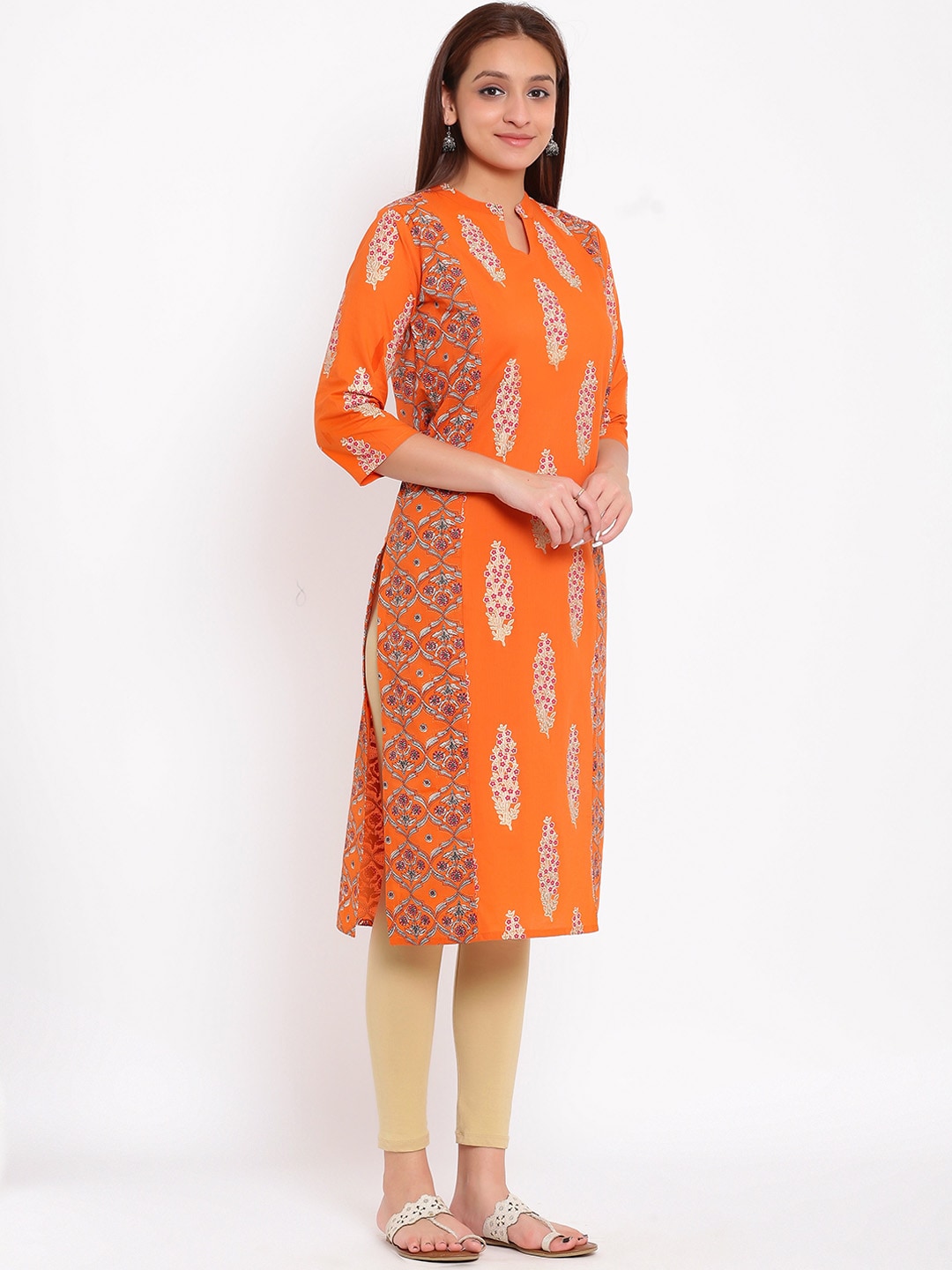 HERE&NOW Orange & White Ethnic Motifs Printed Straight Kurta - Swadesiicart